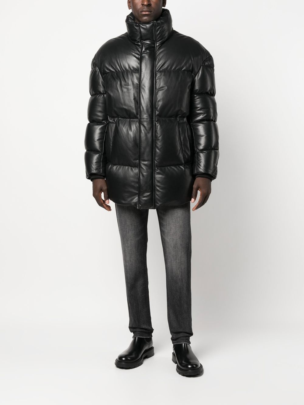 leather padded down coat - 2