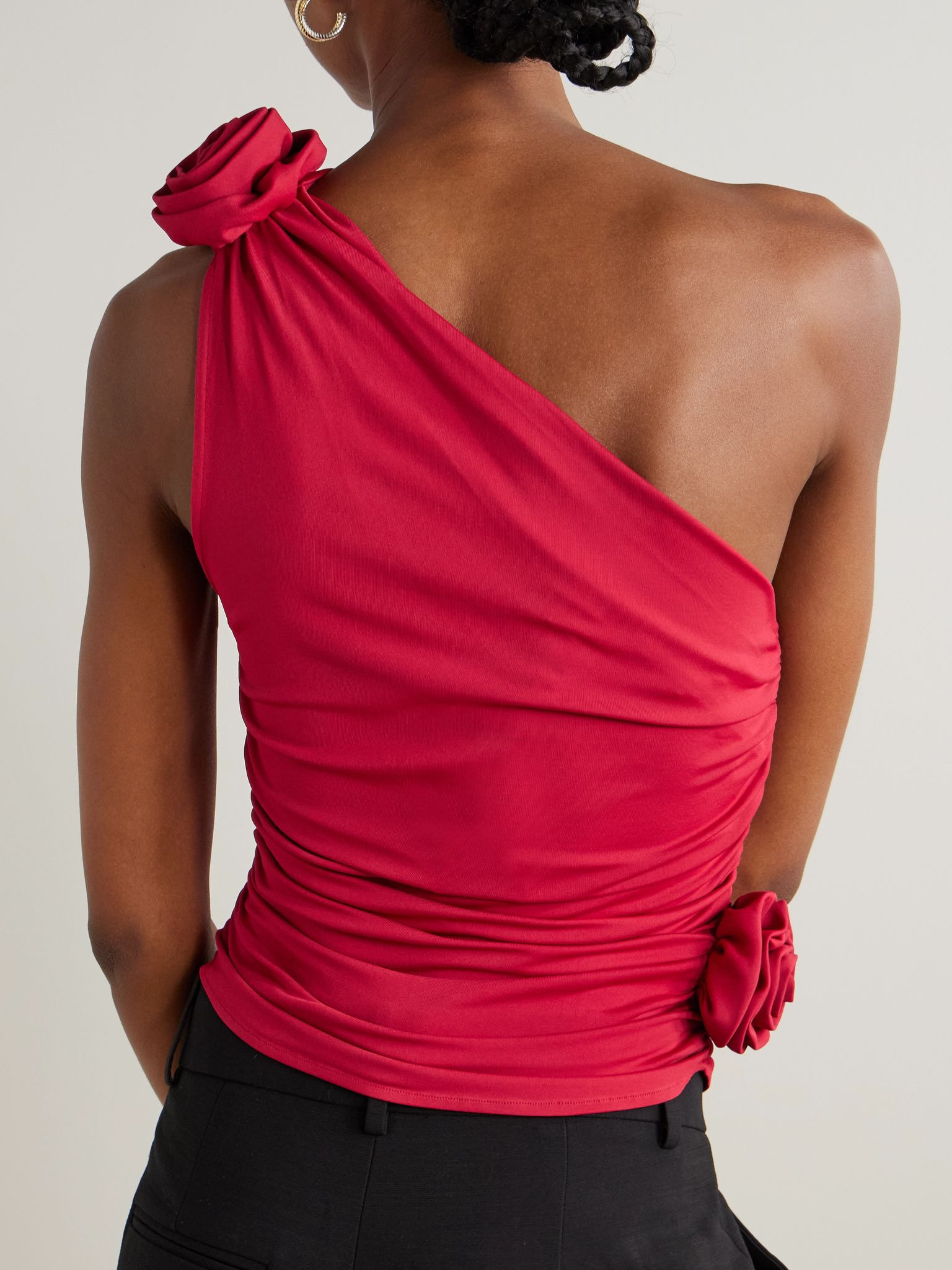 One-shoulder appliquéd gathered stretch-jersey top Red - 3