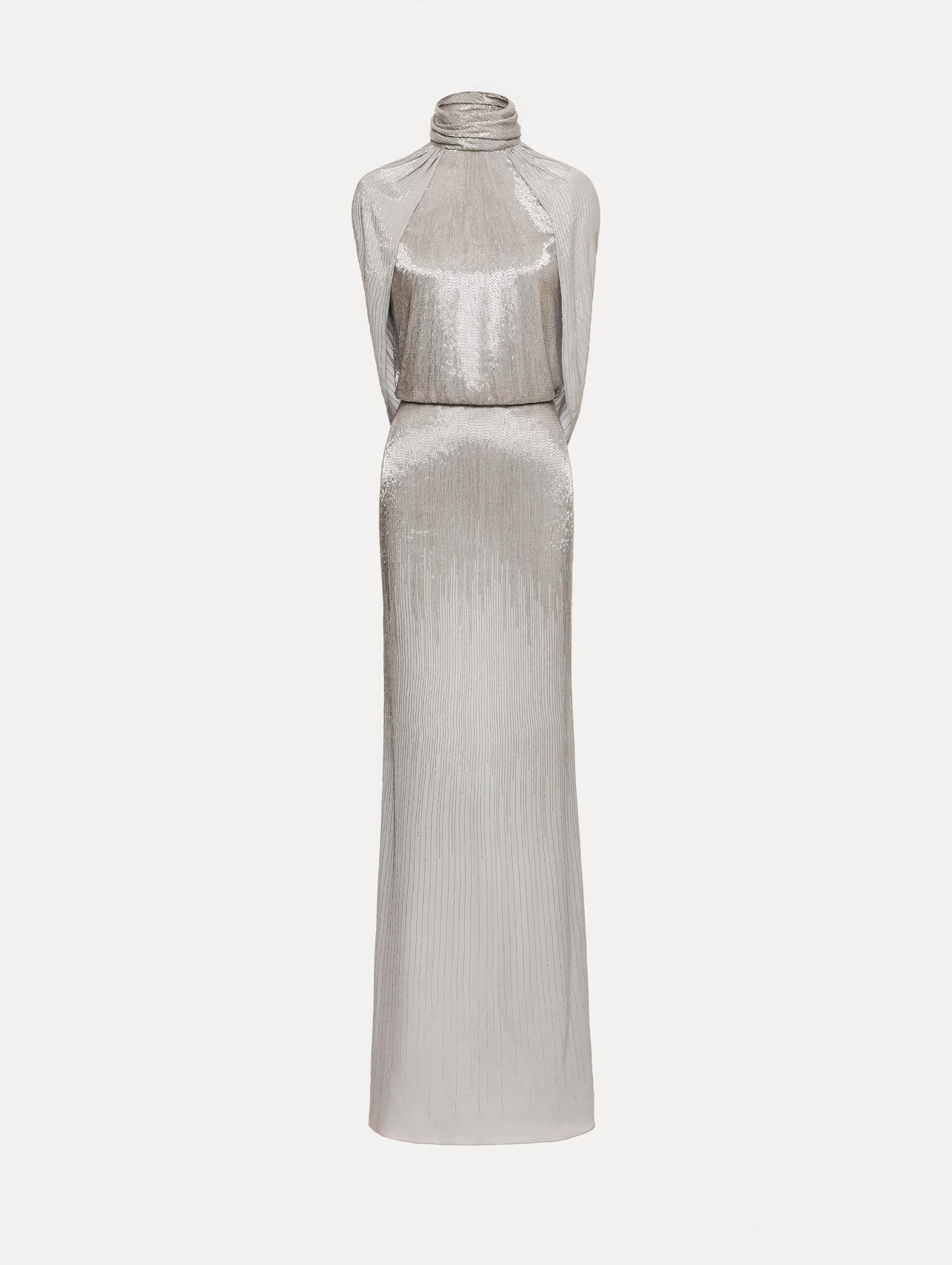BUGLE BEAD LAMÉ DRAPED GOWN - 1