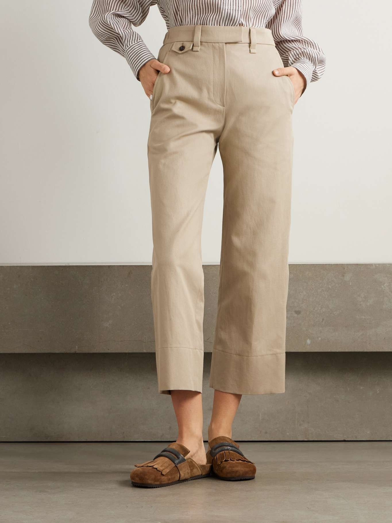 Bead-embellished cropped cotton and linen-blend twill straight-leg pants Beige - 3