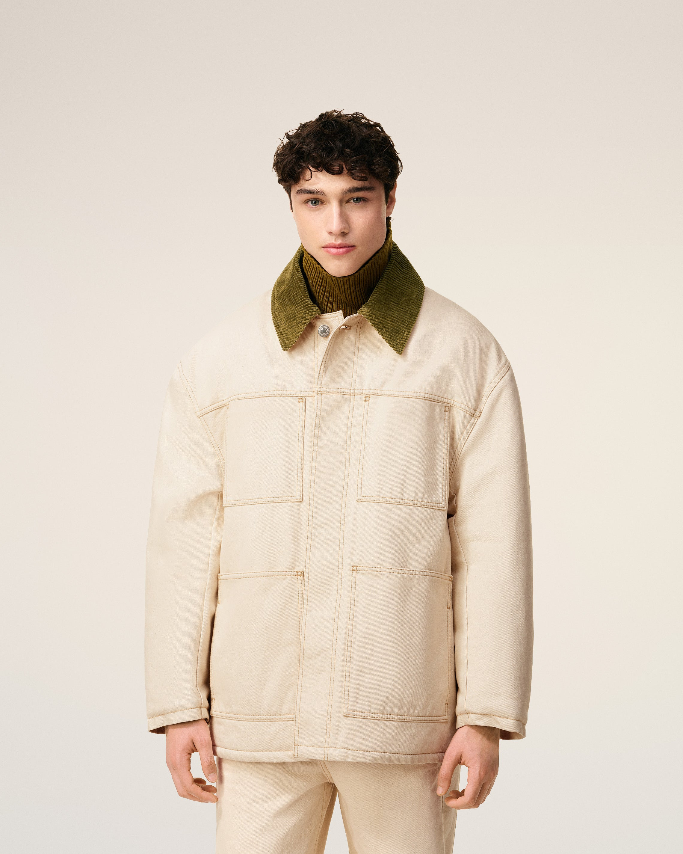 WHITE COTTON PADDED WORKER JACKET - 5
