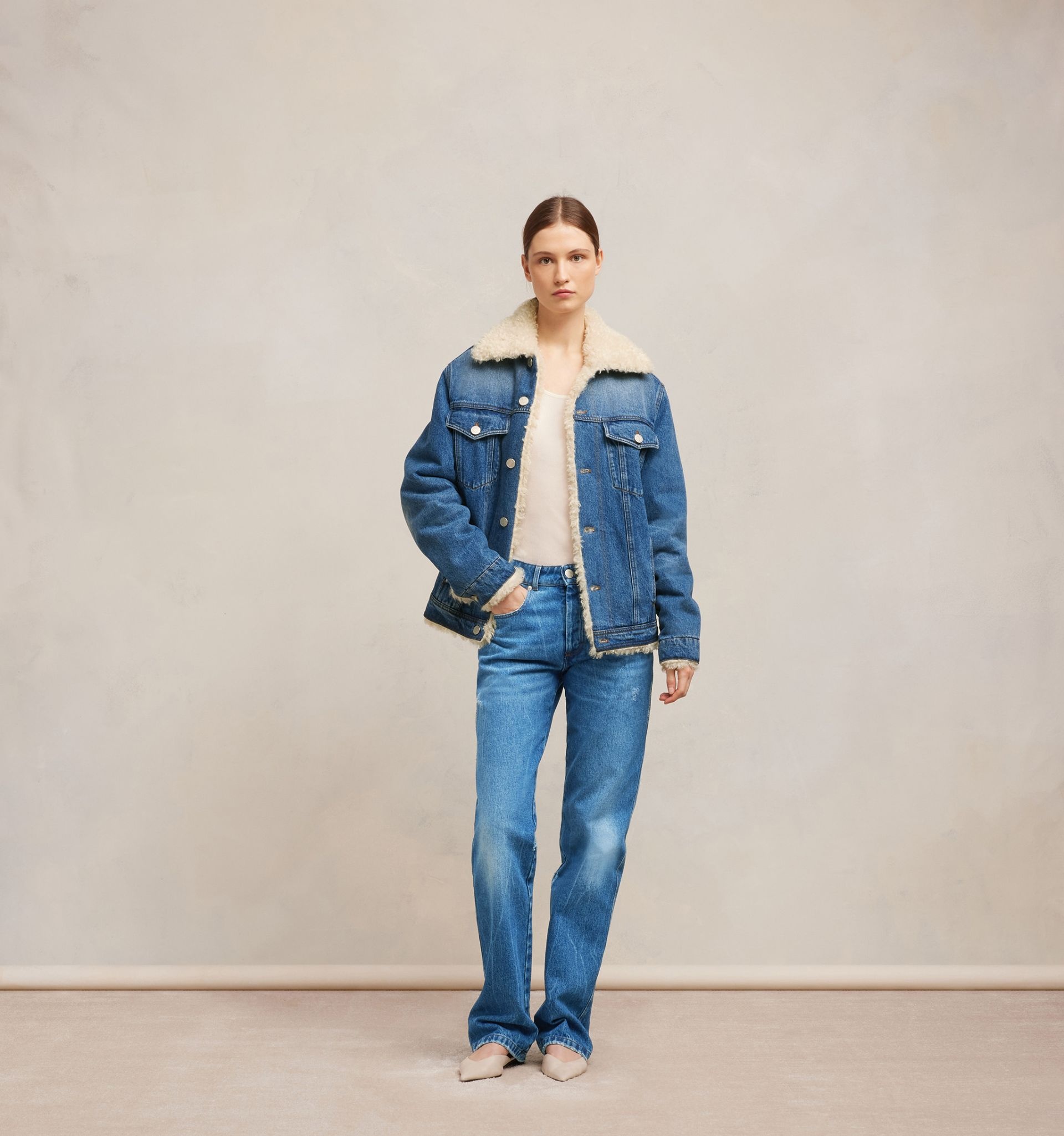 Faux Shearling Trimmed Denim Jacket in Blue - Ami Paris