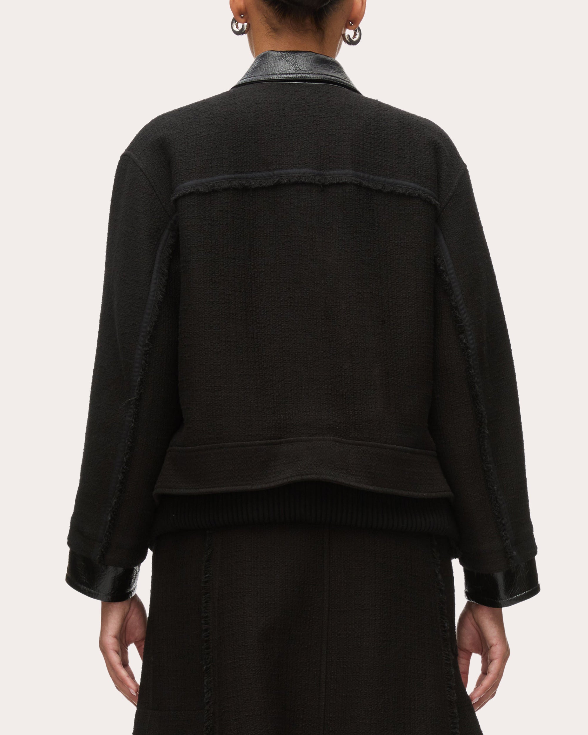 Layered Faux Leather-Trim Tweed Jacket - 2