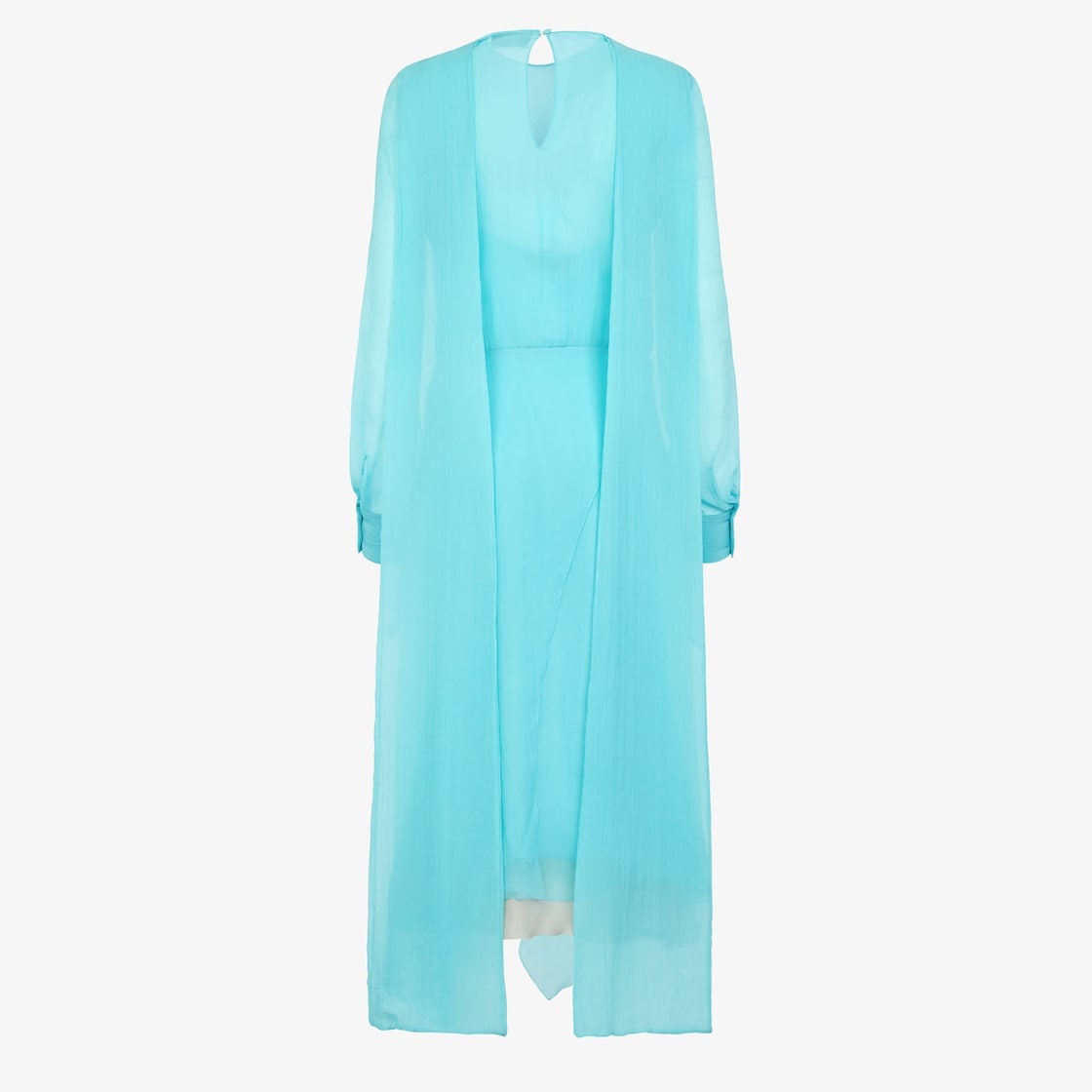Midi dress with foulard collar and fitted waist. Round neckline and long sleeves with shirt cuffs. T - 2