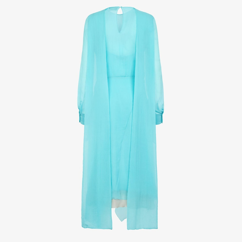 Midi dress with foulard collar and fitted waist. Round neckline and long sleeves with shirt cuffs. T 2