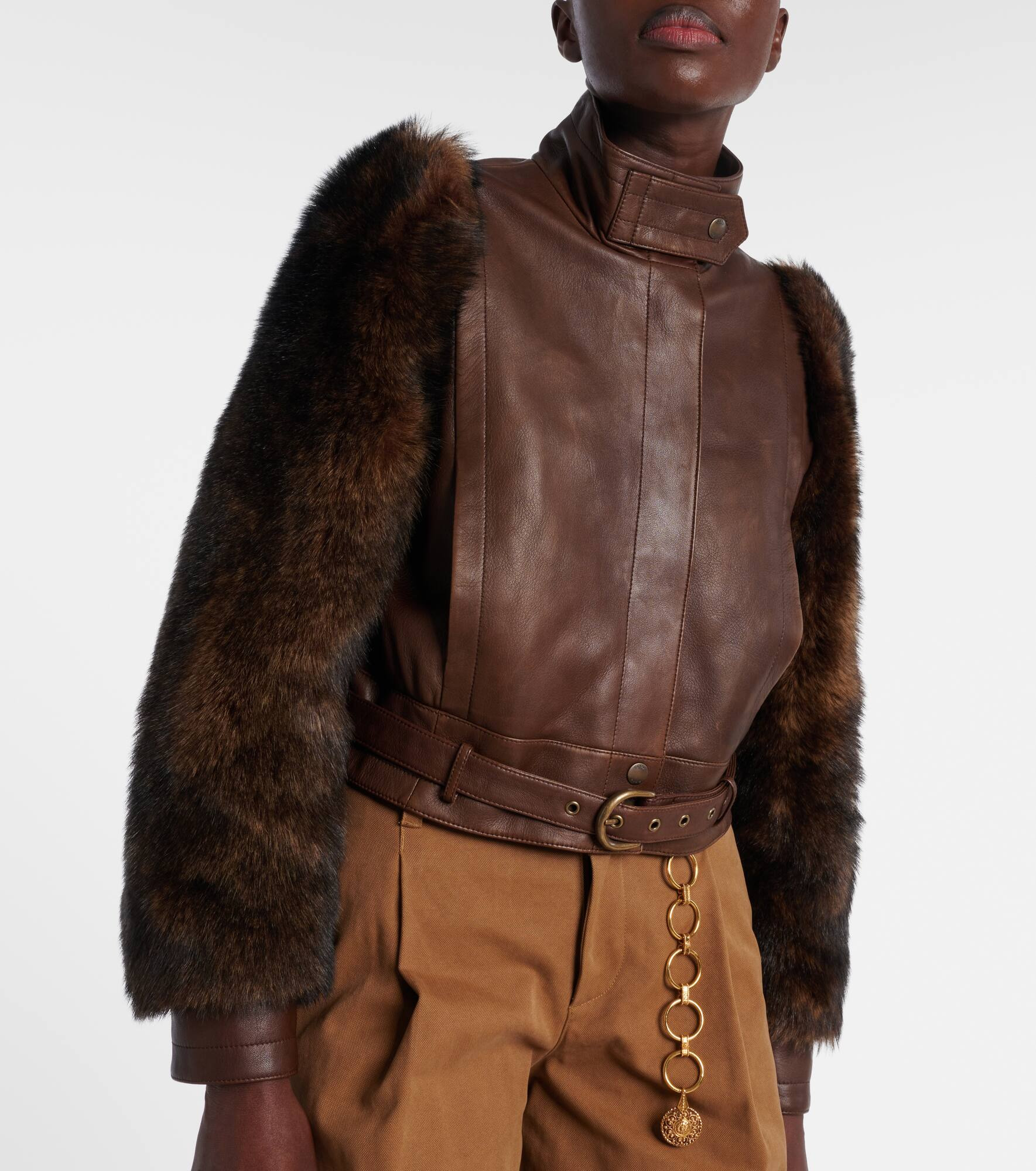 Cropped shearling-trimmed leather jacket - 6