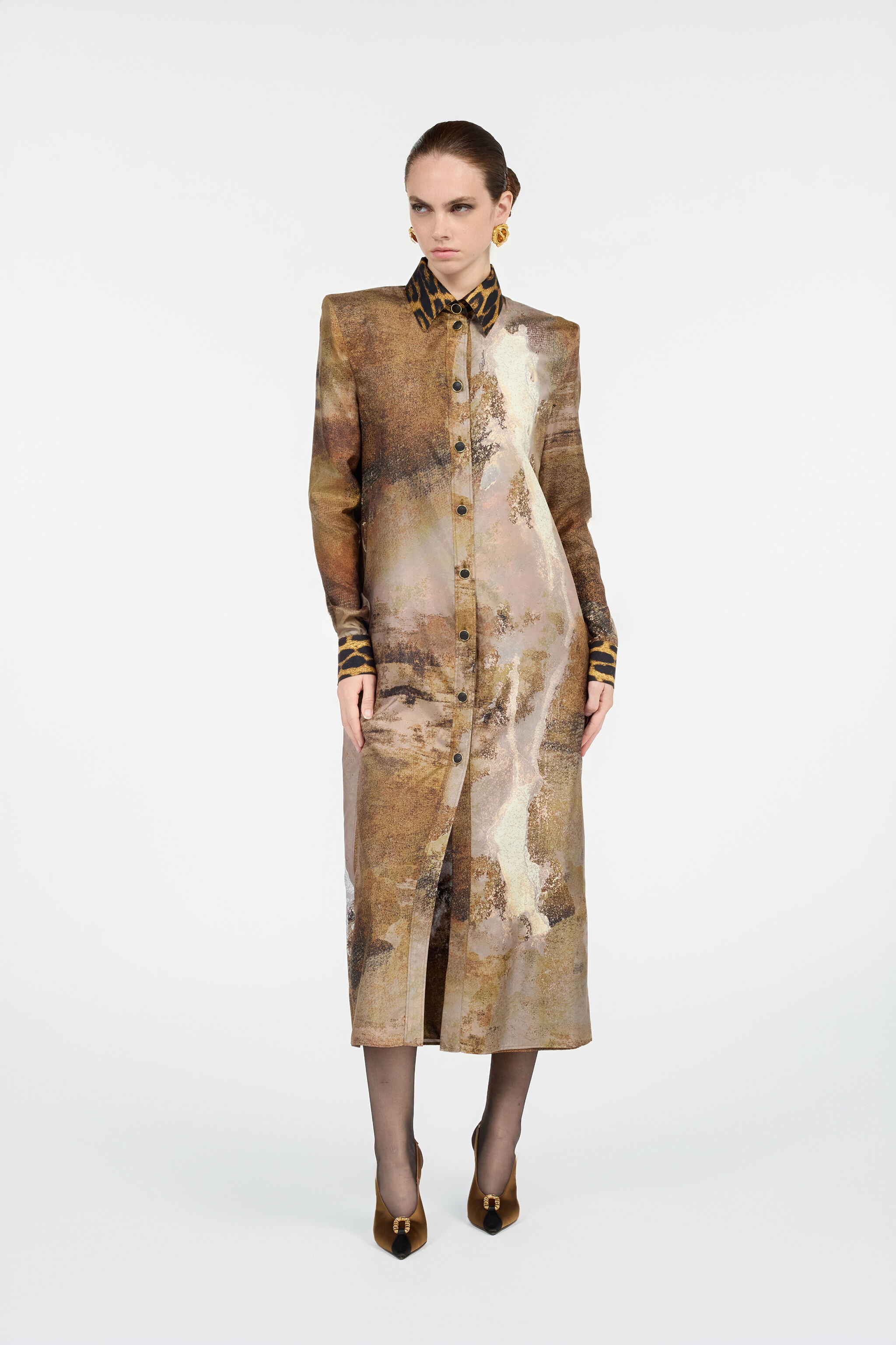 Beige Silk Shirt Dress with Marble Print - 2