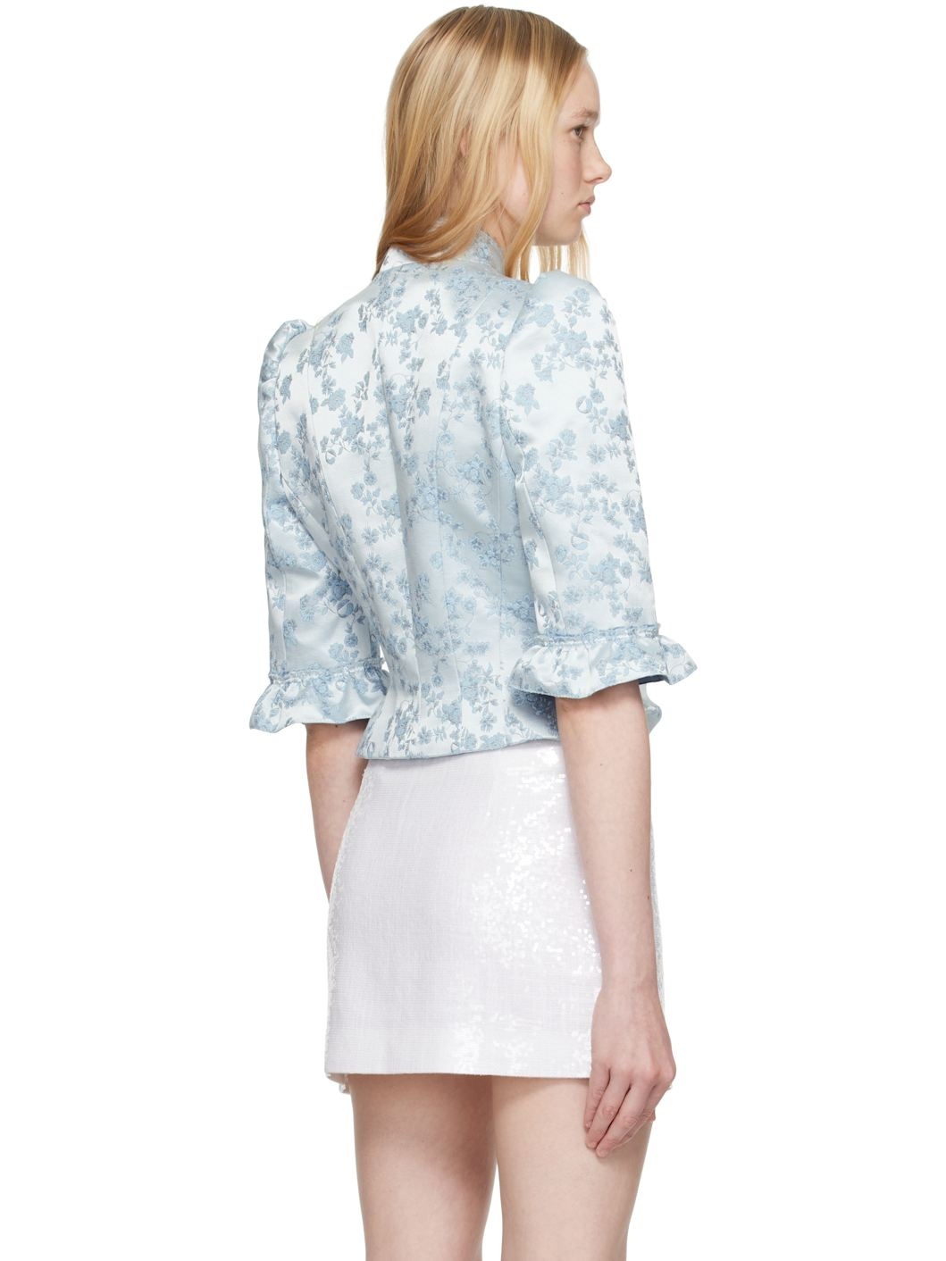 Blue Jacquard Slim-Fit Pleated Jacket - 3
