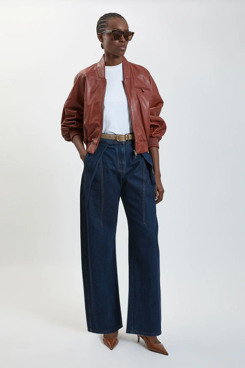 Harper's Bazaar Leather Collared Bomber Jacket - 1