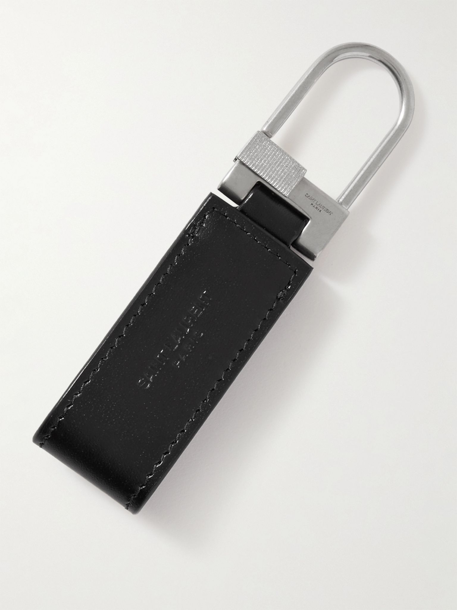 Logo-Detailed Silver-Tone and Leather Key Fob Black - 2