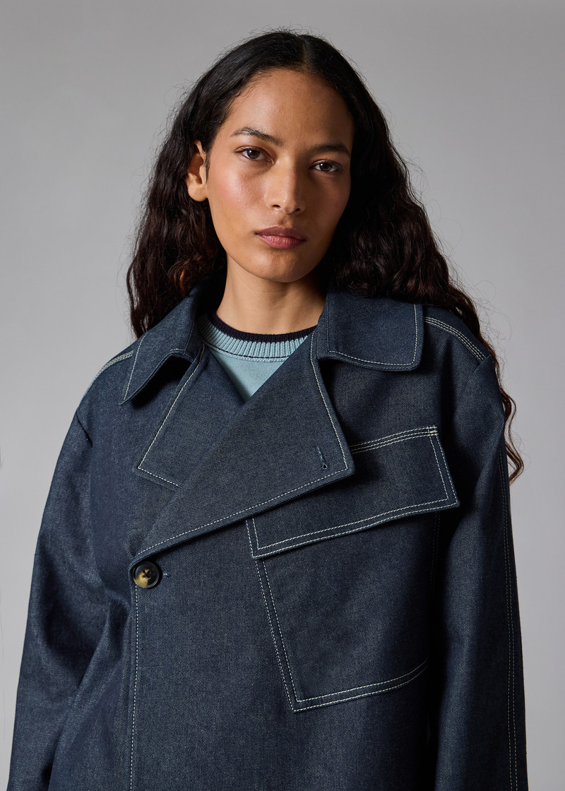Denim Cotton-Blend Cropped Asymmetric Jacket with Topstitching 10