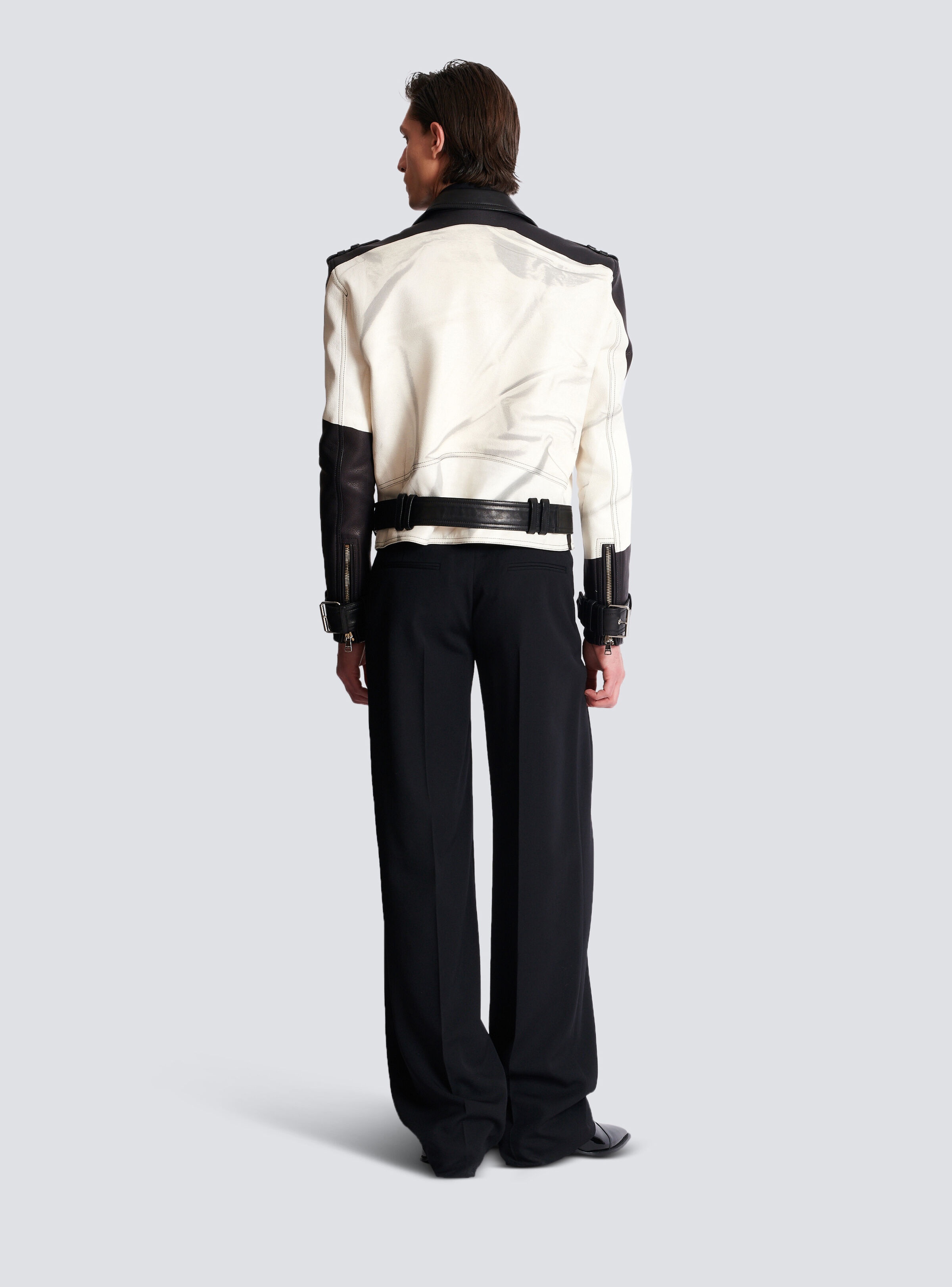 Leather biker jacket with trompe-l'œil T-shirt print - 4