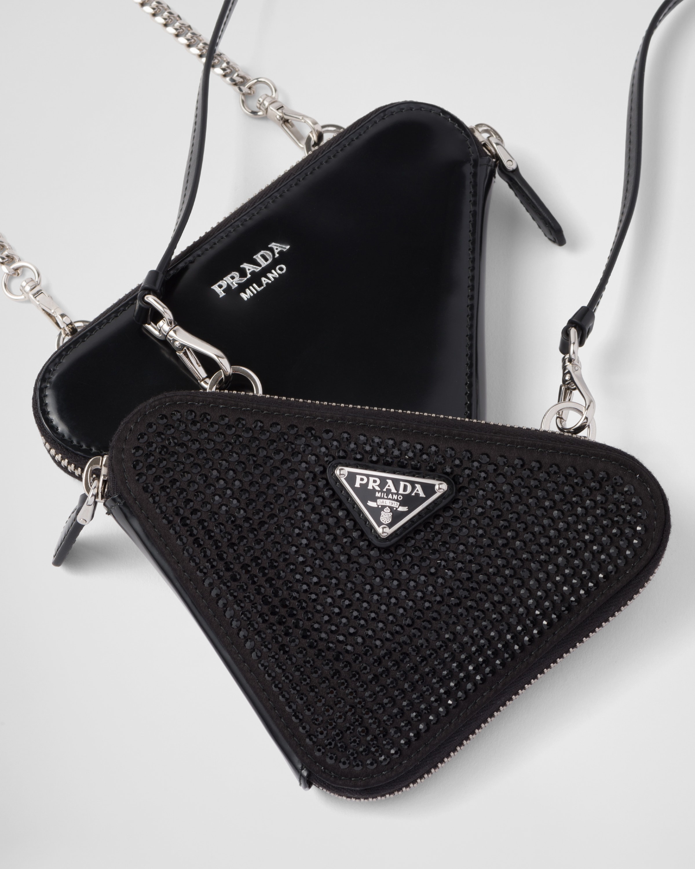 Triangular embellished satin and leather mini-pouch - 6