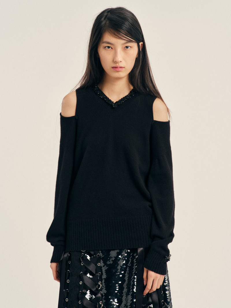 Embellished Relaxed Cashmere Slash V-Neck Jumper 1