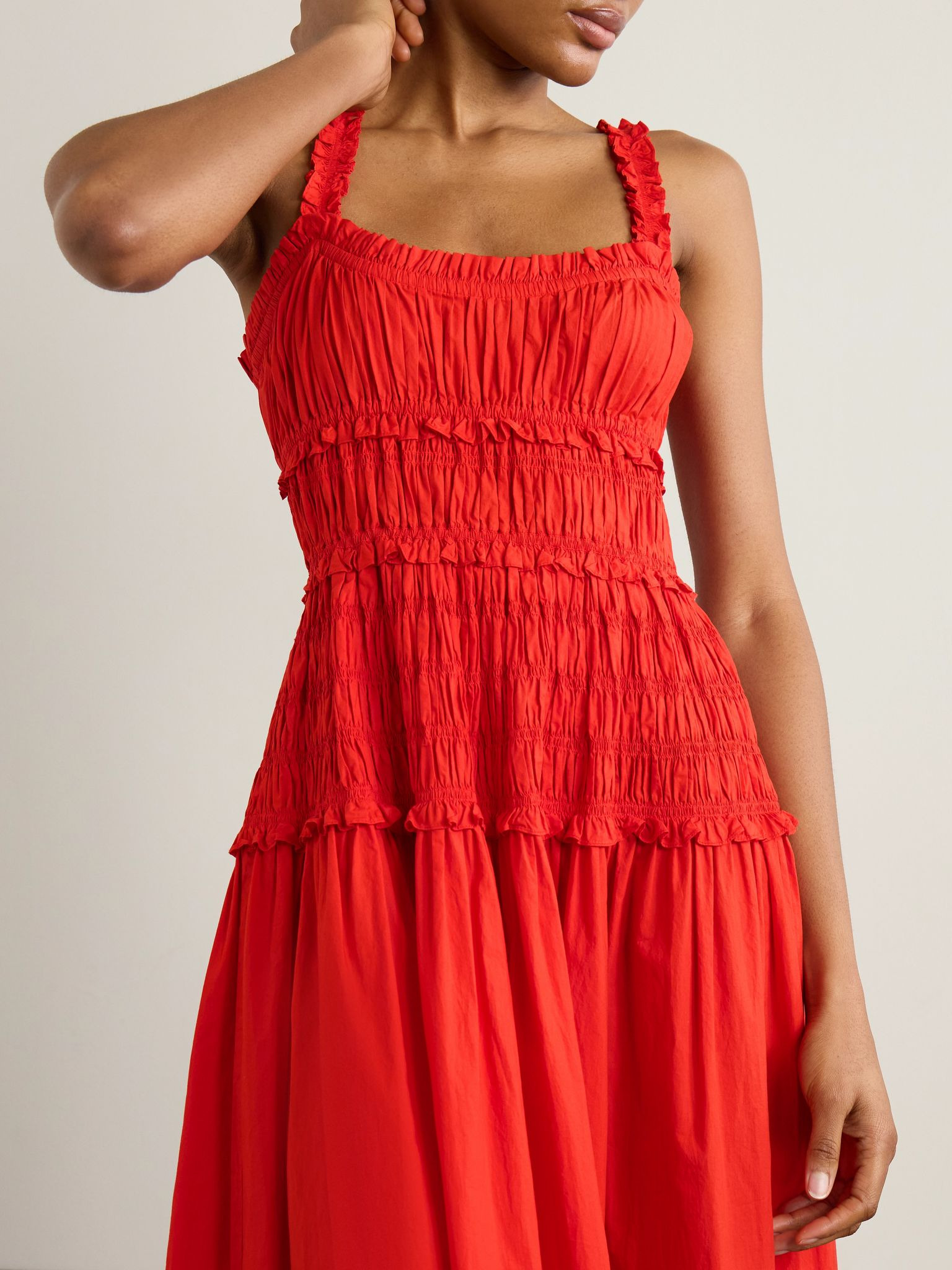 Marianne shirred cotton-poplin midi dress Red - 5