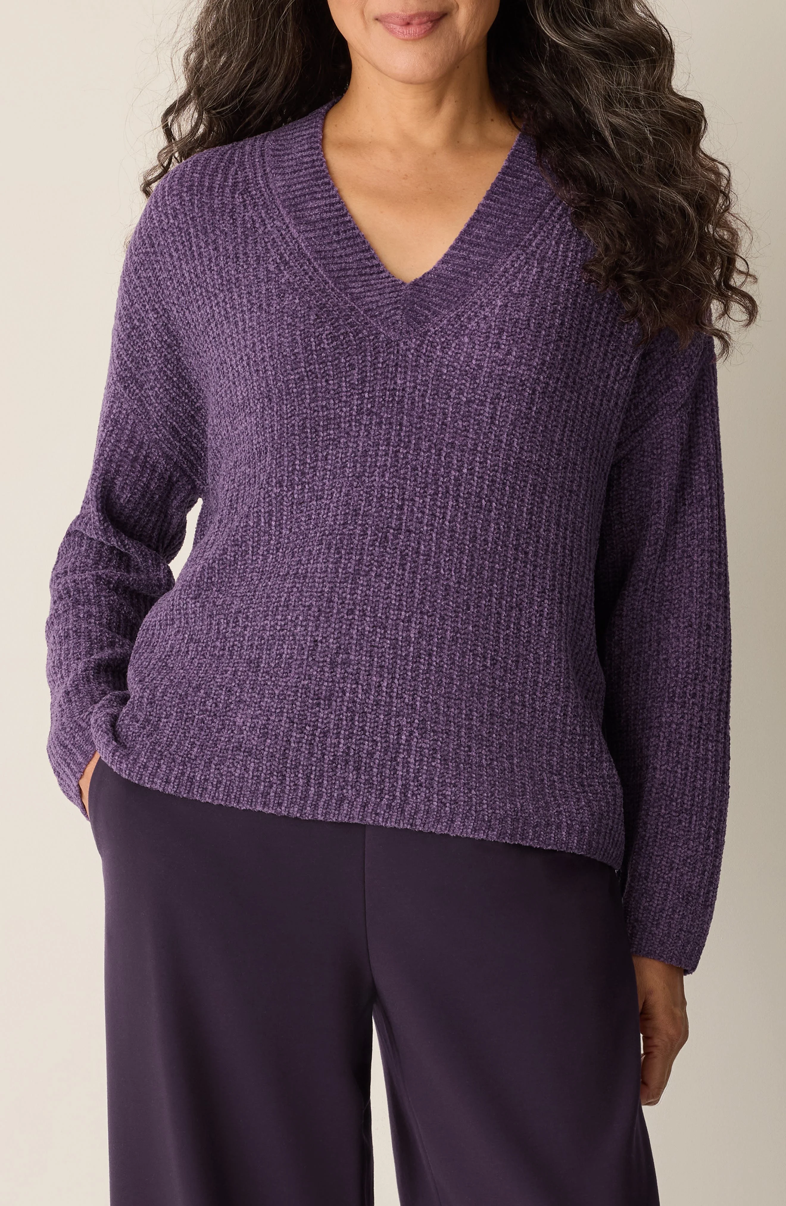 Eileen Fisher V-Neck Stretch Cotton Sweater in Mulled Grape at Nordstrom - 1