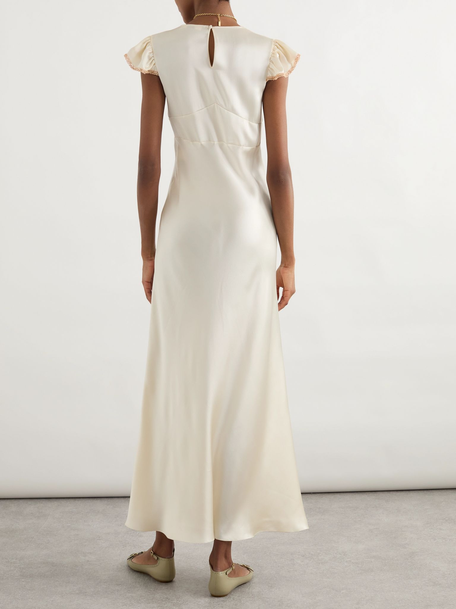 Corded lace-trimmed silk-satin midi dress Cream - 3