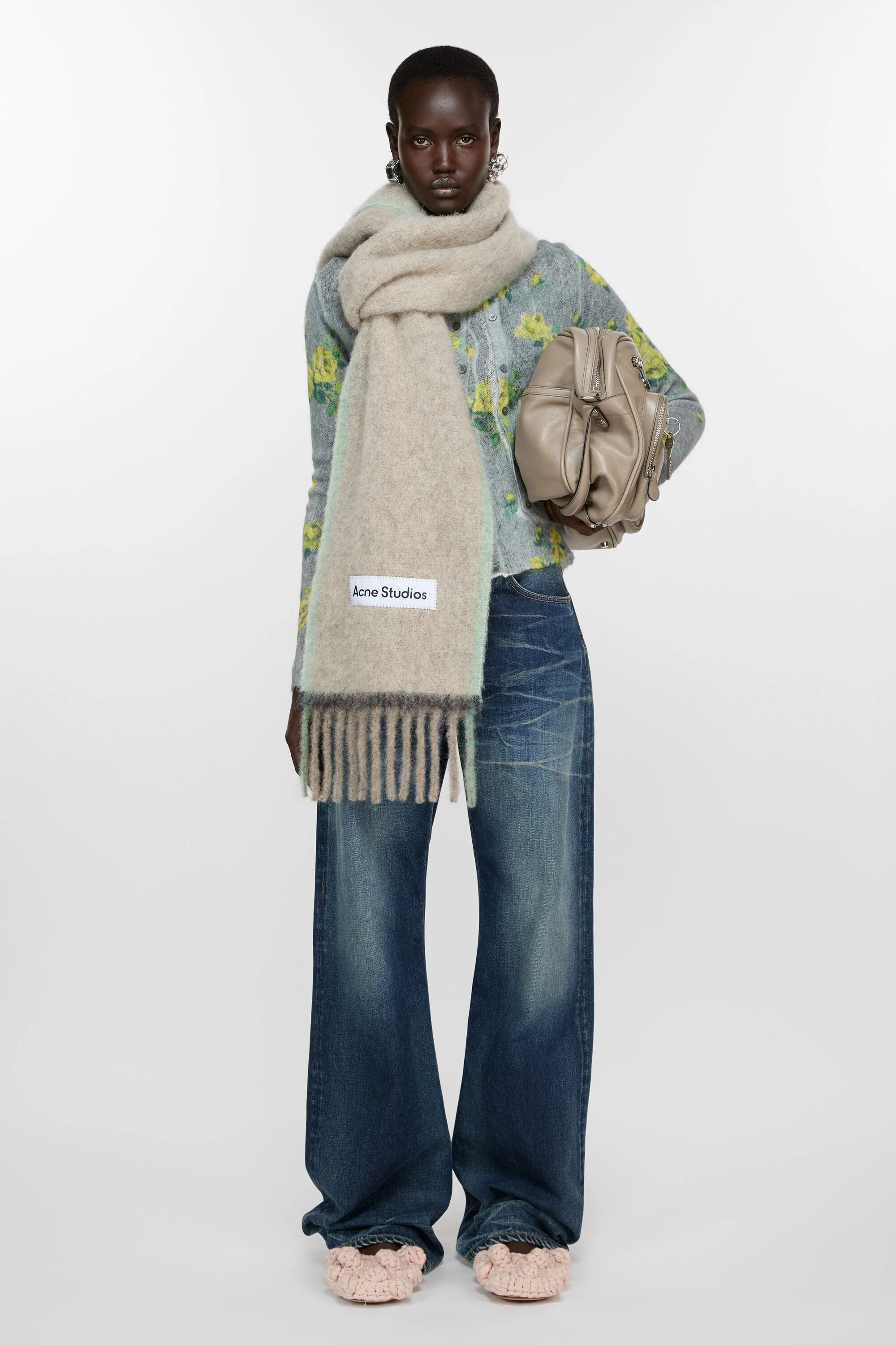 Wool mohair scarf - Narrow - Beige/grey - 2