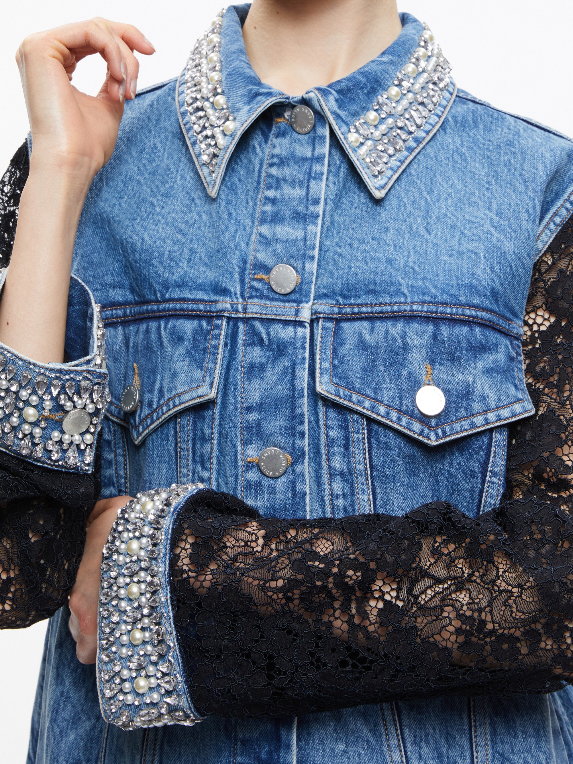 JEFF EMBELLISHED LACE SLEEVE DENIM JACKET - 5