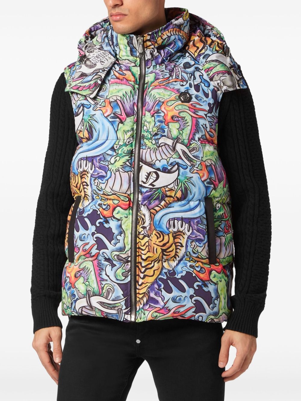 tattoo-print hooded puffer gilet - 3