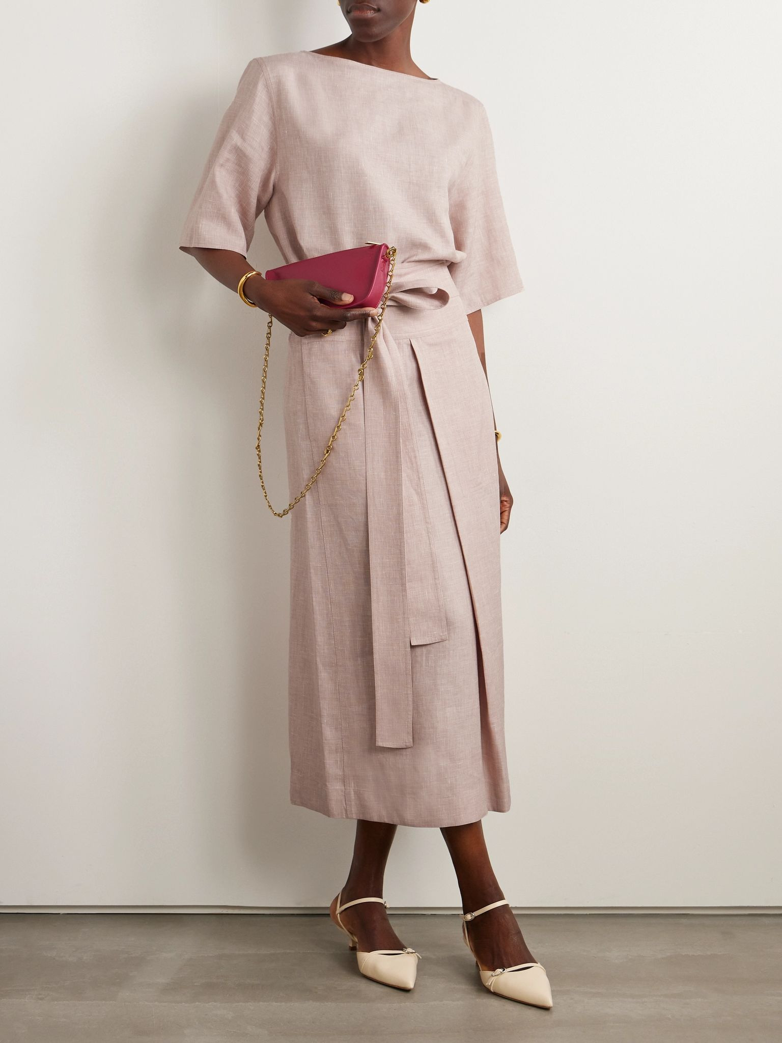 Belted linen, wool and silk-blend midi skirt Pink - 2