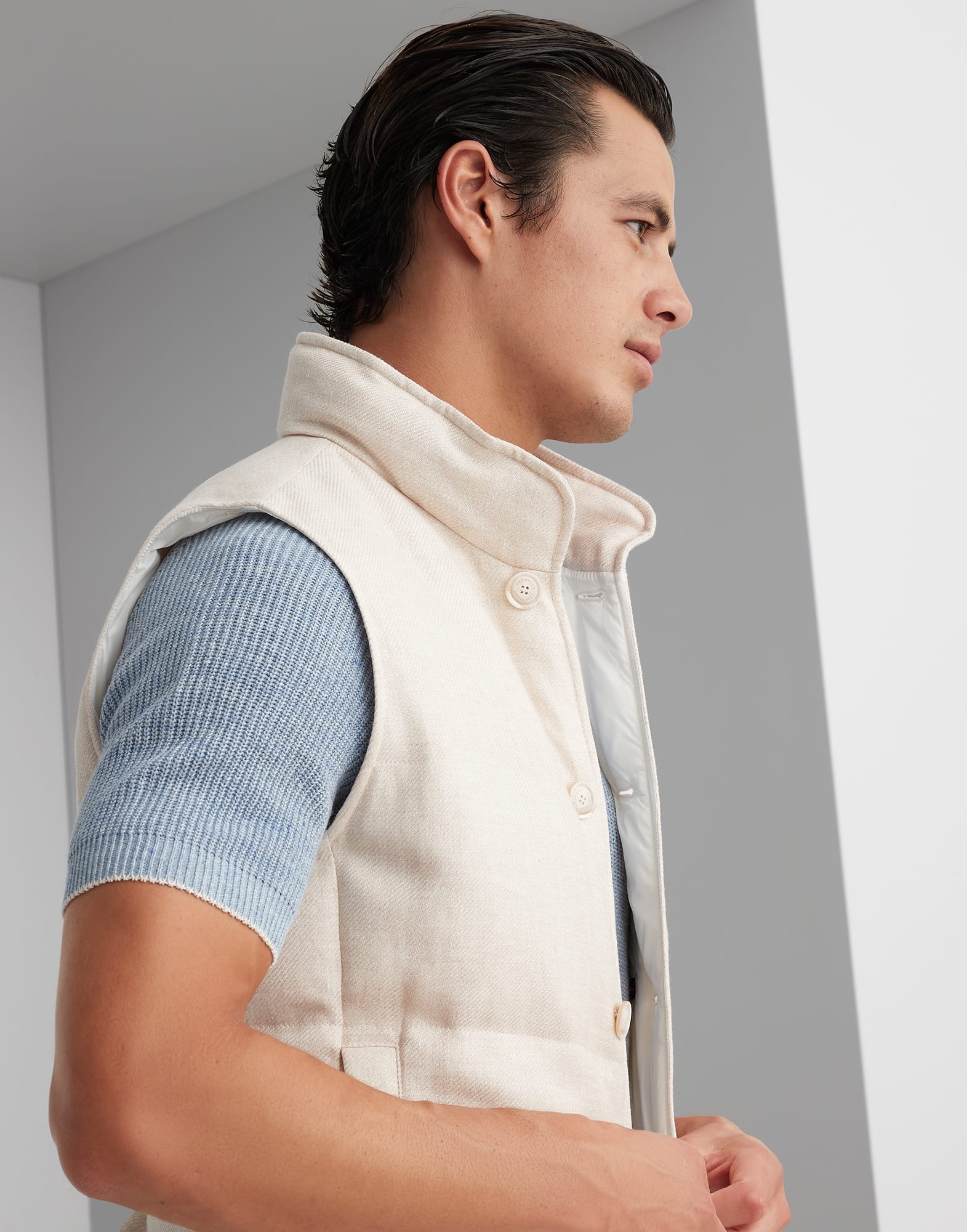 Linen, wool and silk diagonal down vest - 3