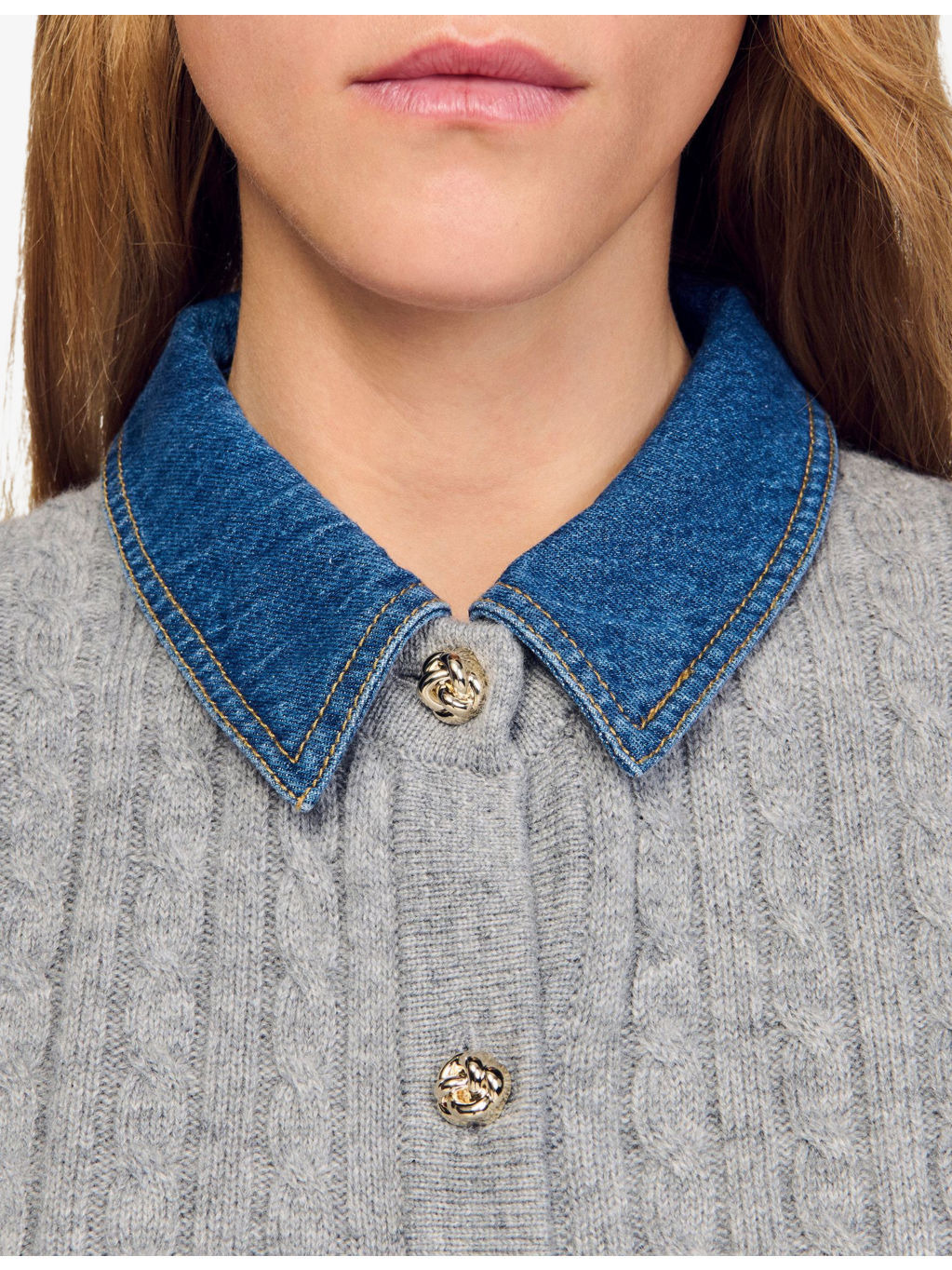 Denim-Collar Short-Sleeve Wool and Cashmere-Blend Cardigan - 5