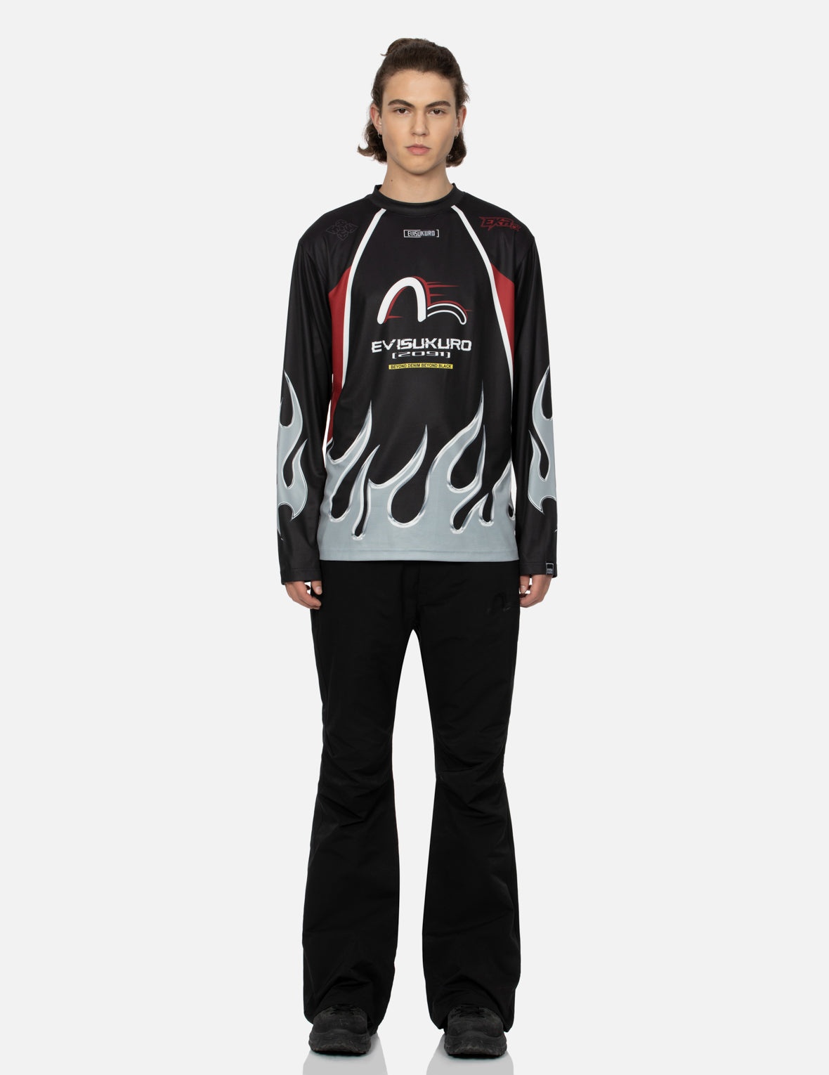 Seagull Embroidery and Multi-Pocket Regular Fit Bell Bottoms Pants - 5