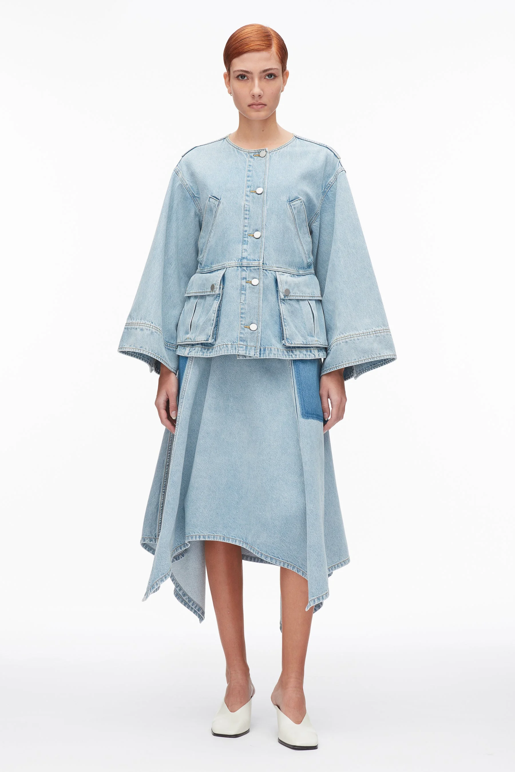 Collarless Trapeze Denim Jacket - 1