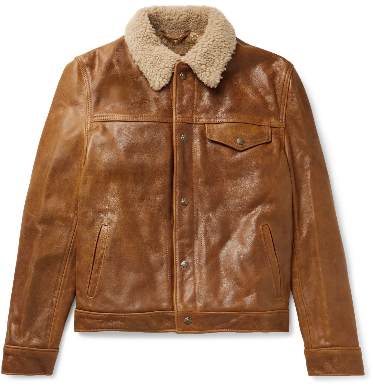 Shearling-Trimmed Leather Trucker Jacket - 1