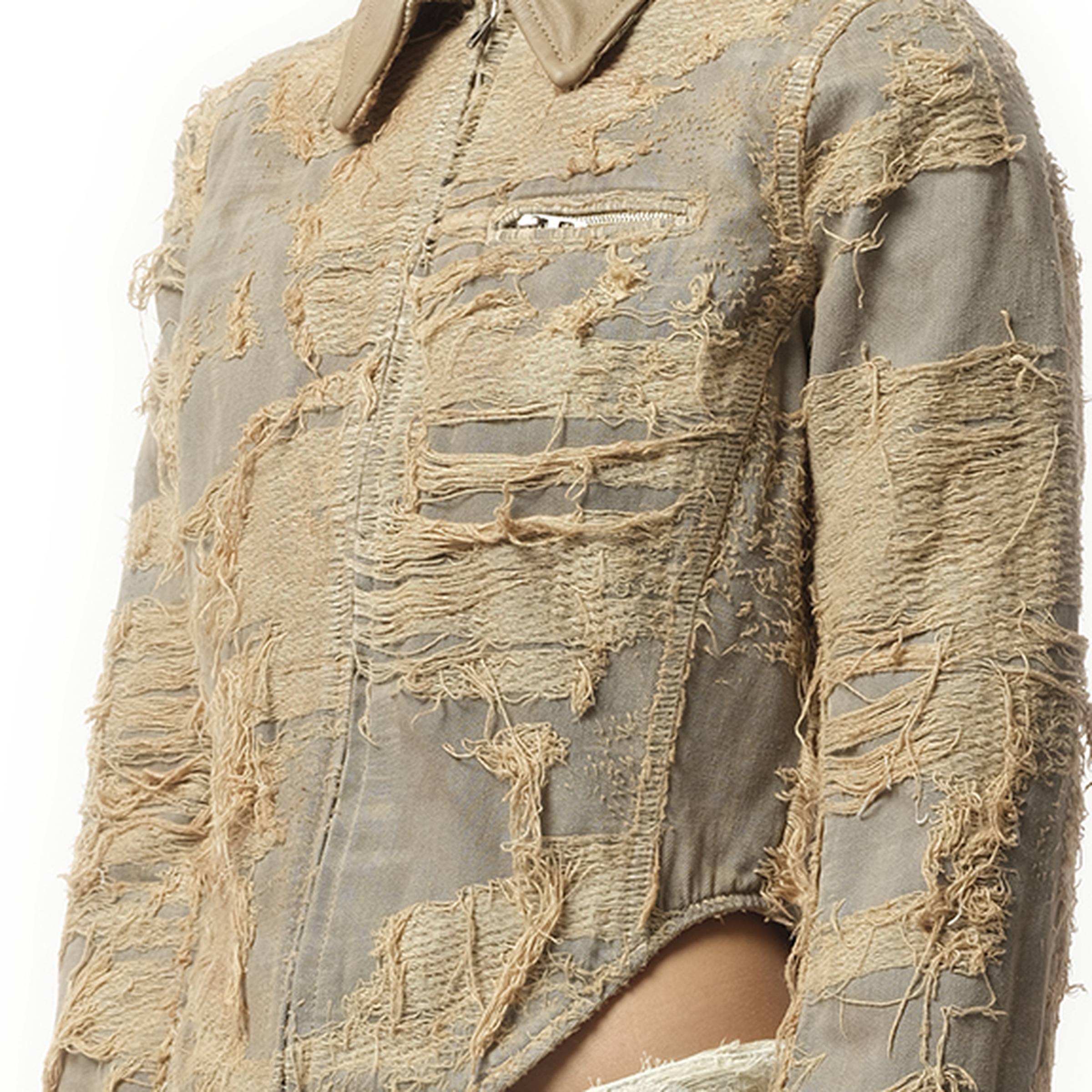 Distressed Effect Denim Jacket in Beige - 3
