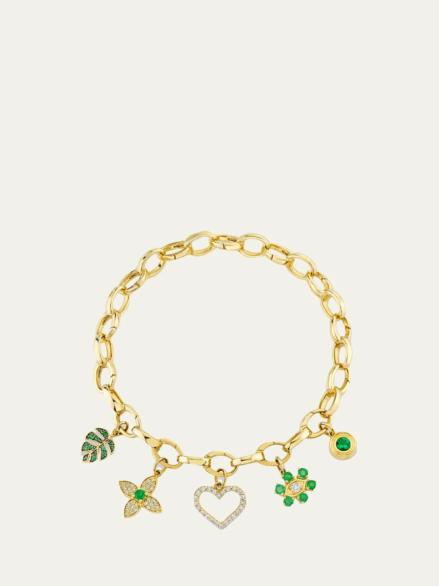 14K Diamond and Emerald Multi Charm Bracelet - 1