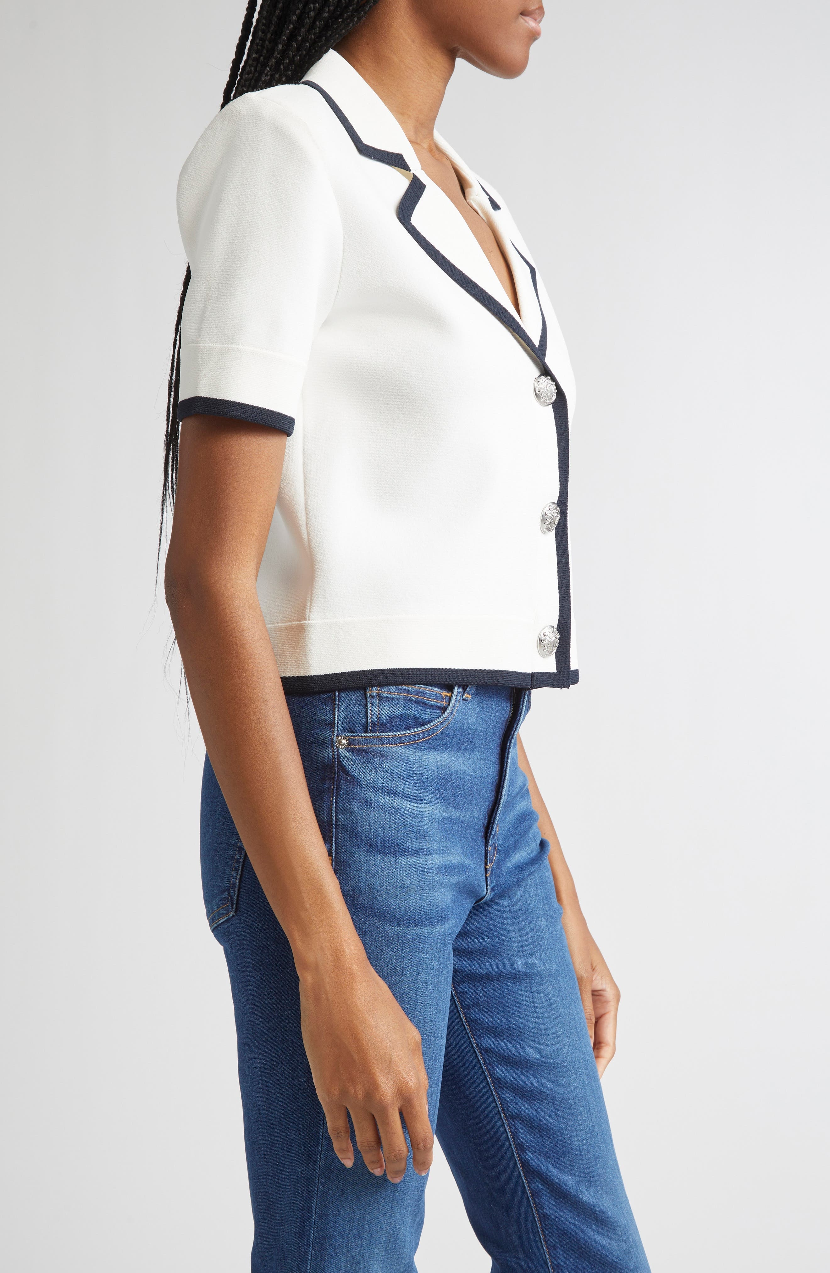 Veronica Beard Stovall Contrast Detail Crop Knit Jacket in Off White at Nordstrom - 4