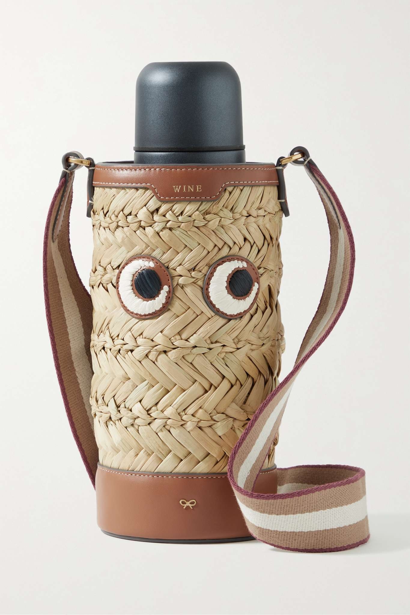 Eyes leather-trimmed straw wine bottle holder - 6