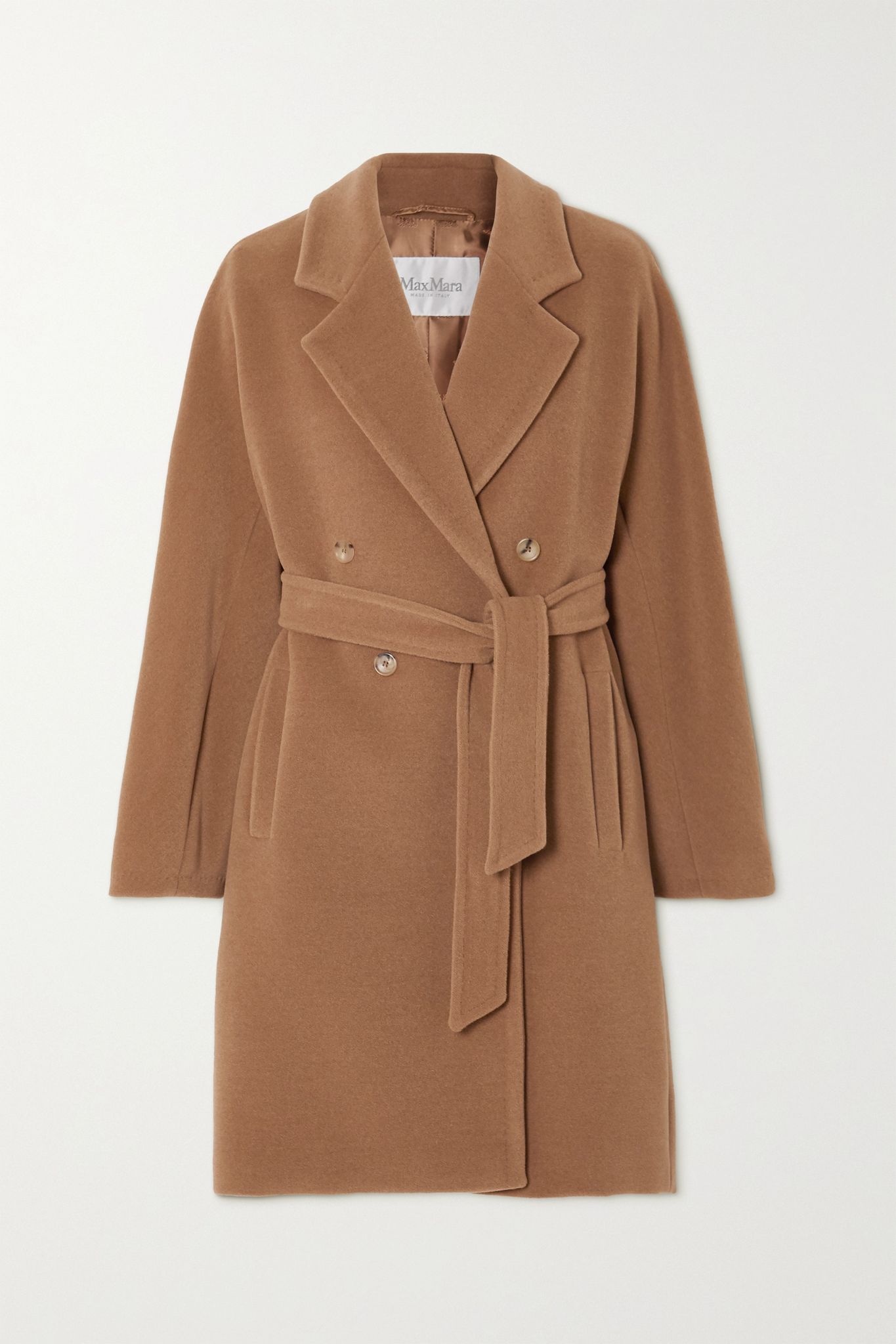 Belted double-breasted camel hair and wool-blend coat - 1