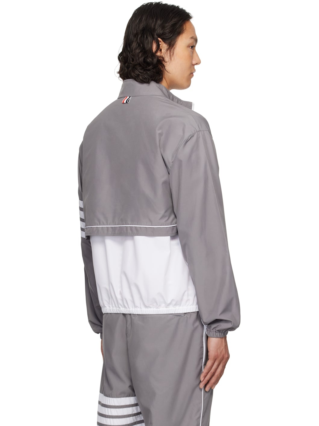 Gray & White Ripstop 4-Bar Color Block Windbreaker Jacket - 3