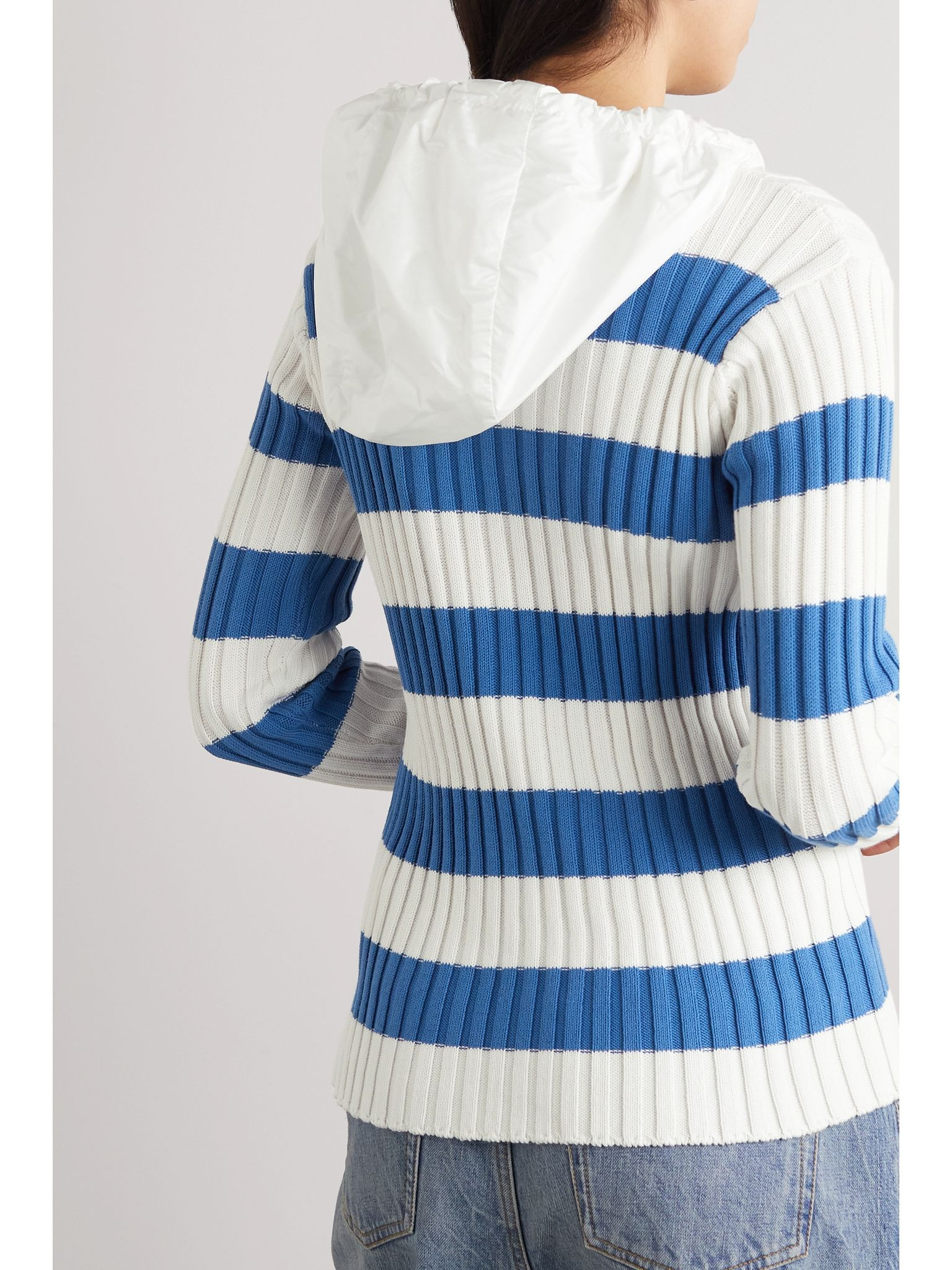 Shell-trimmed striped ribbed cotton hoodie Blue - 4