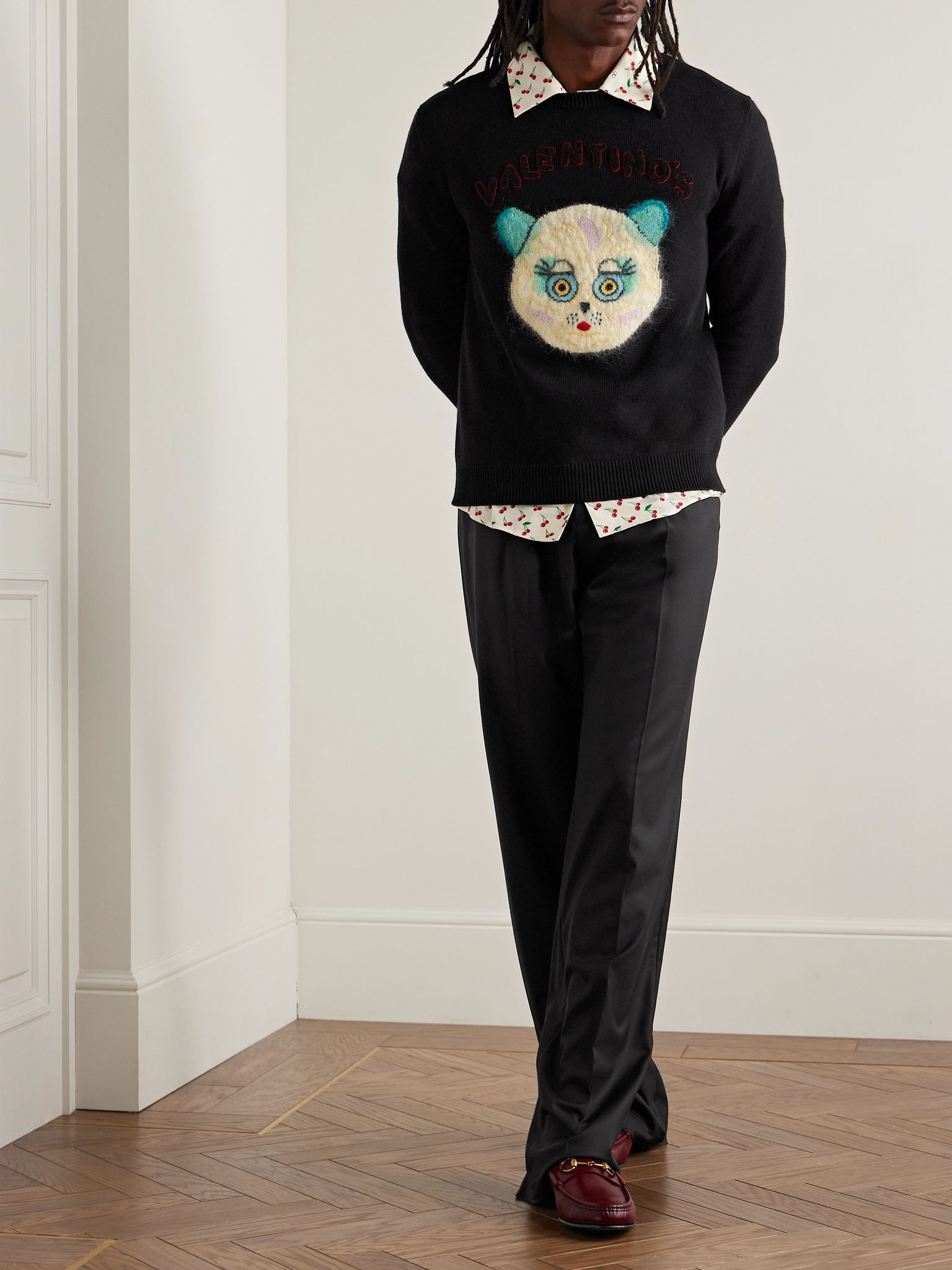Logo-Appliquéd Intarsia-Knit Cotton and Virgin Wool-Blend Sweater Black - 2