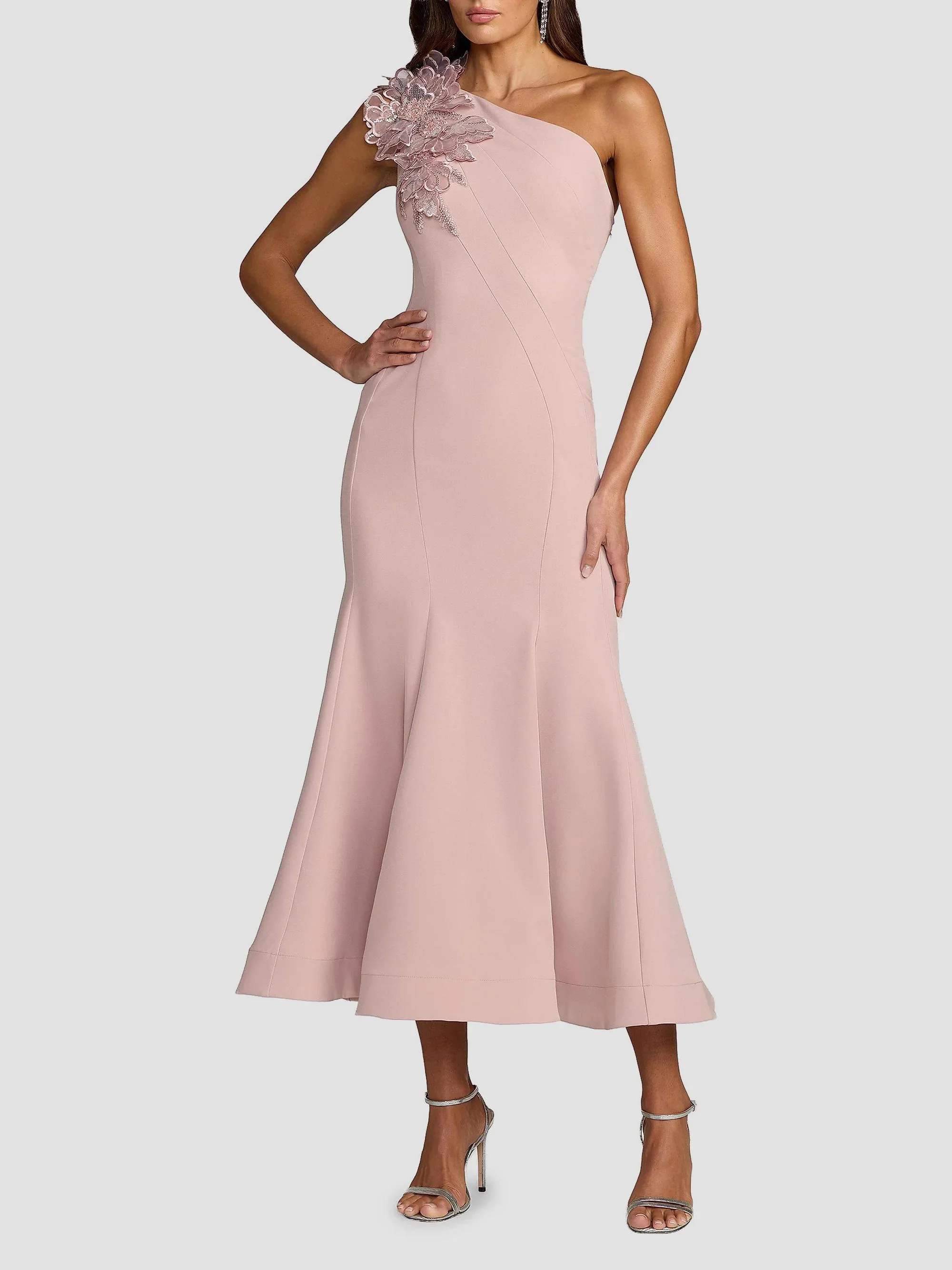 Women's One-Shoulder Neckline Crepe Trumpet Midi-Dress - Rose - 1