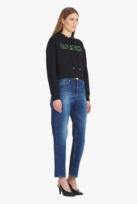 Cropped black cotton sweatshirt with gold Balmain logo - 7