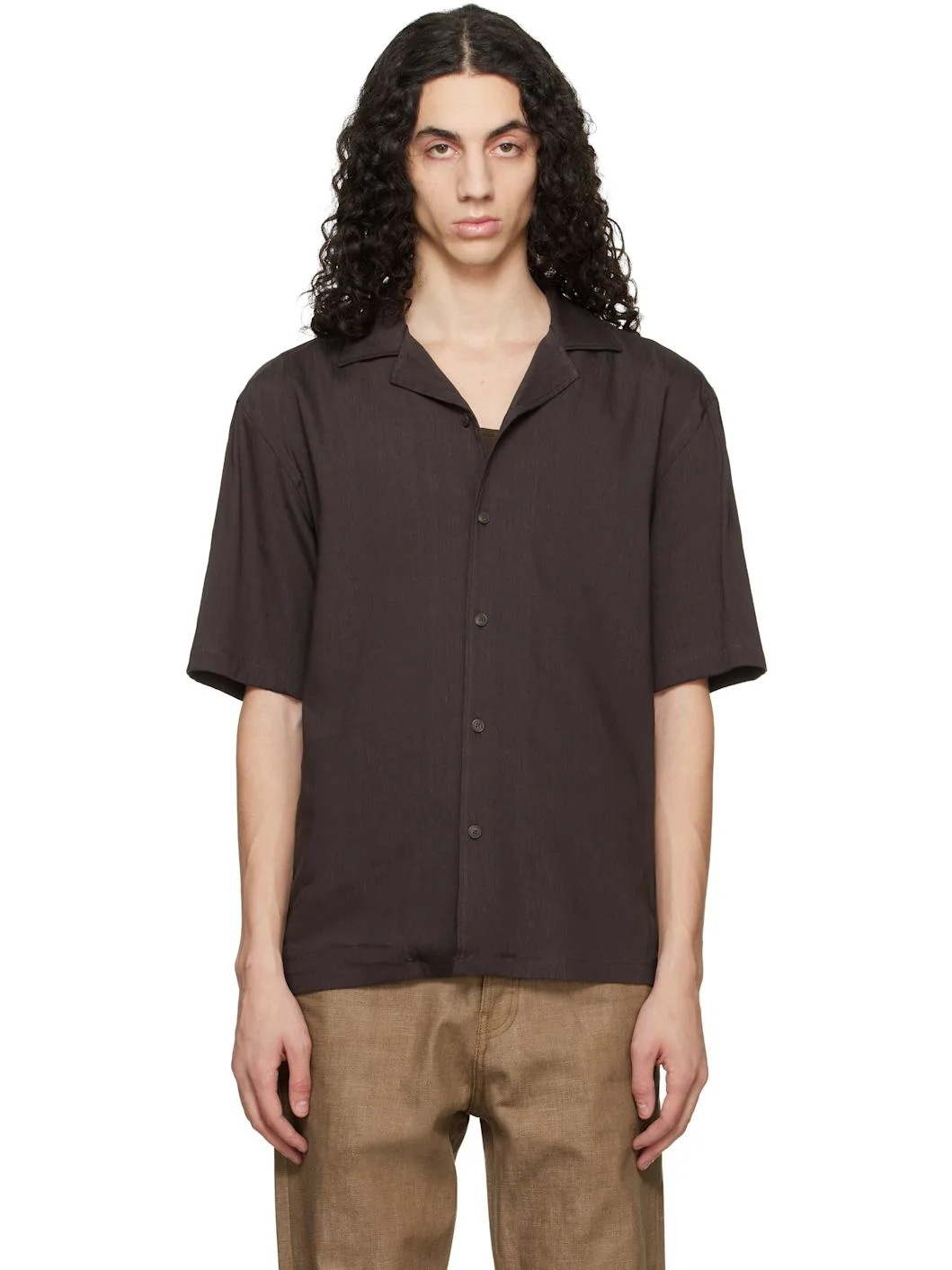 Brown Short-Sleeve Linen Shirt - 1