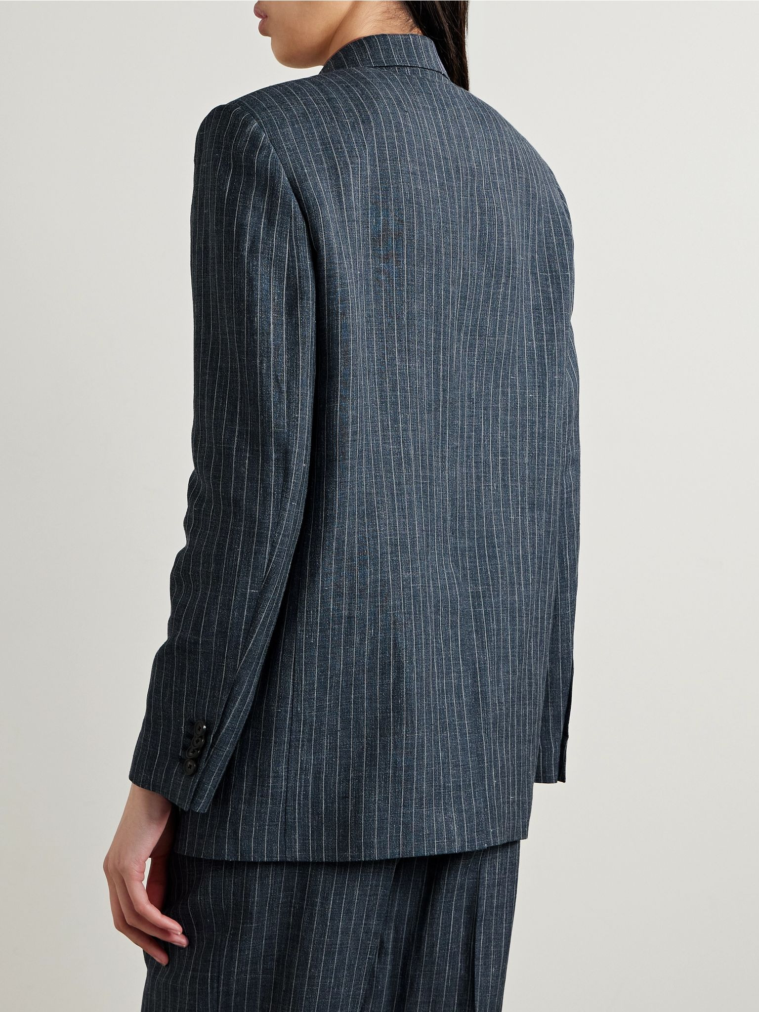 Pinstriped linen, wool and silk-blend blazer Navy - 4