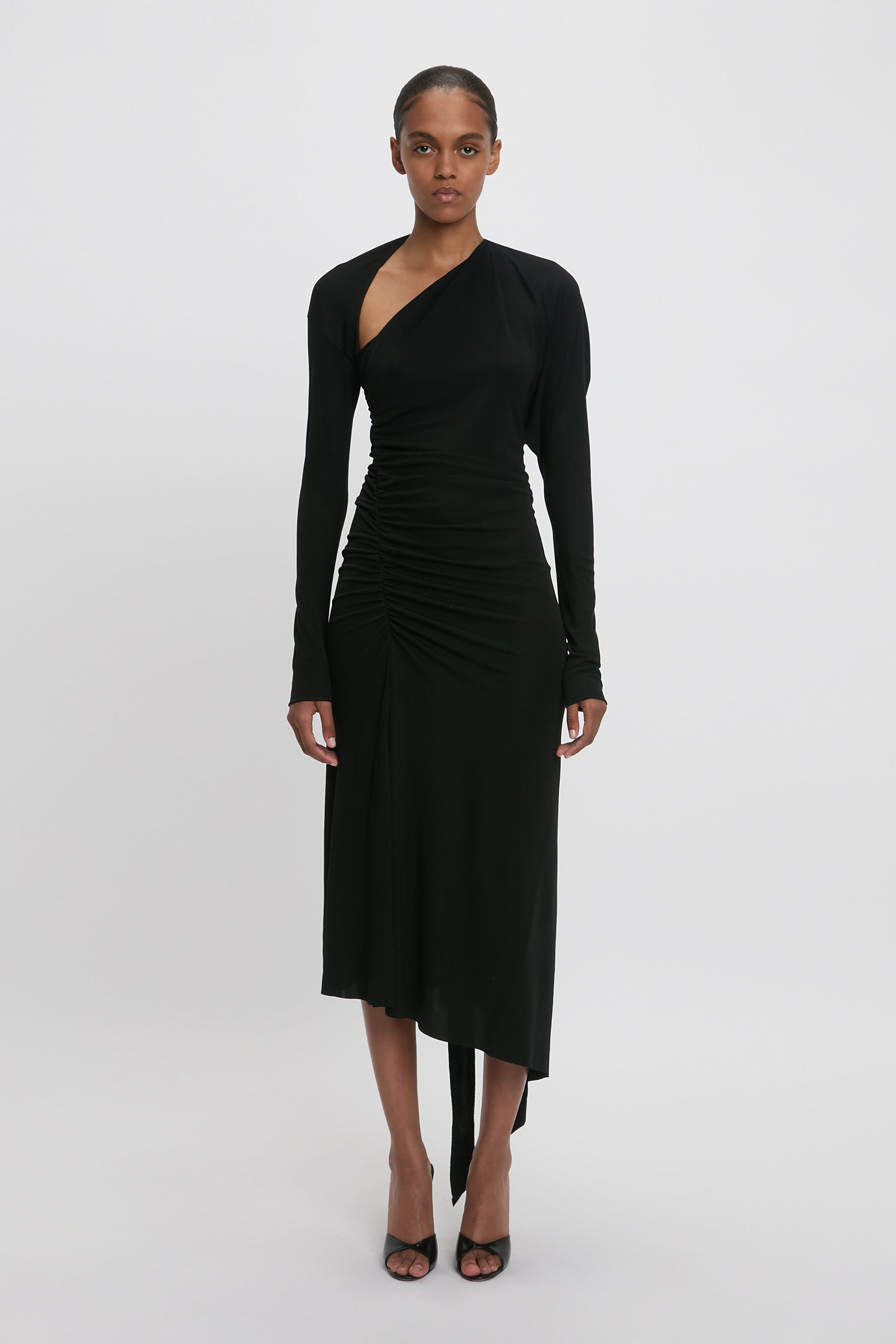 Slash-Neck Ruched Midi Dress In Black - 2