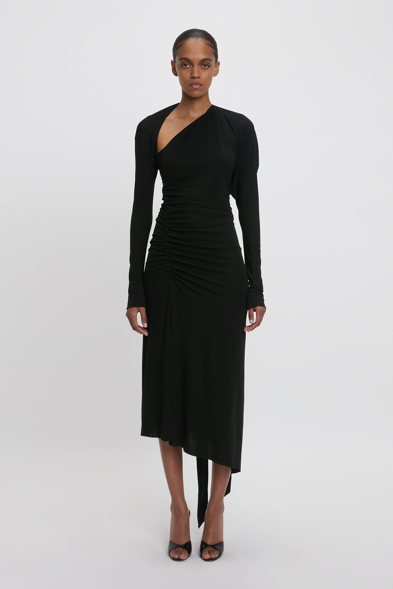 Victoria Beckham Slash-Neck Ruched Midi Dress In Black outlook