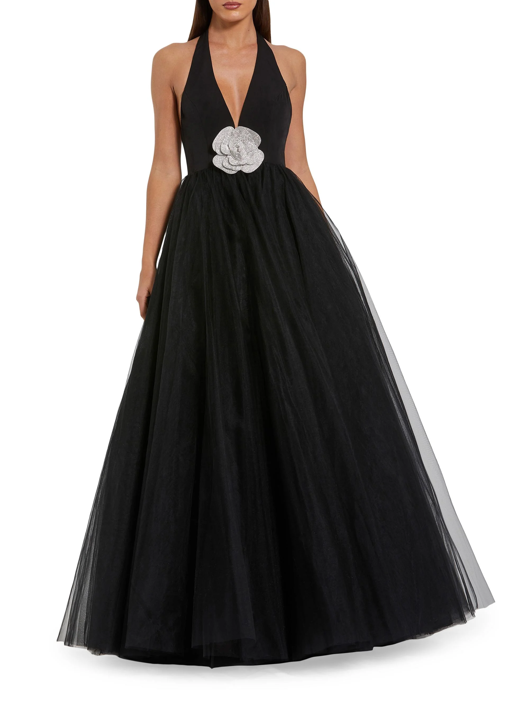 Women's Flower Embellished Halterneck Ball Gown - Black - 1