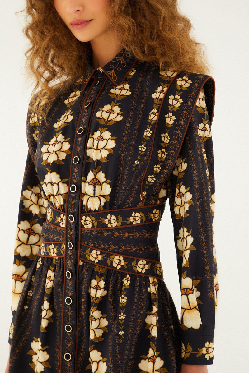 Black Embroidered Flowers Long Sleeve Organic Cotton Mini Dress 3
