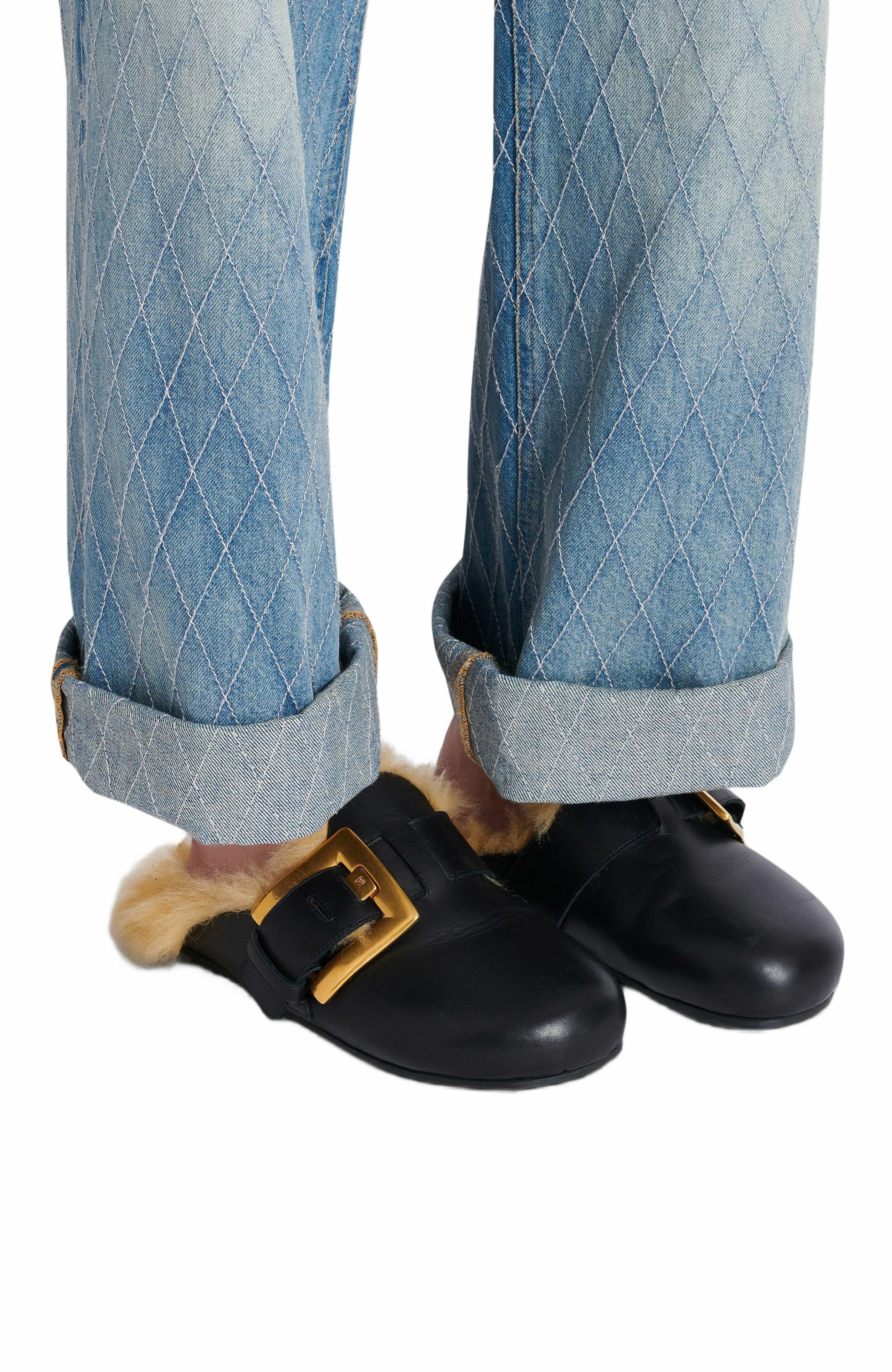 Balmain Flat leather and faux fur mules in Black at Nordstrom - 2