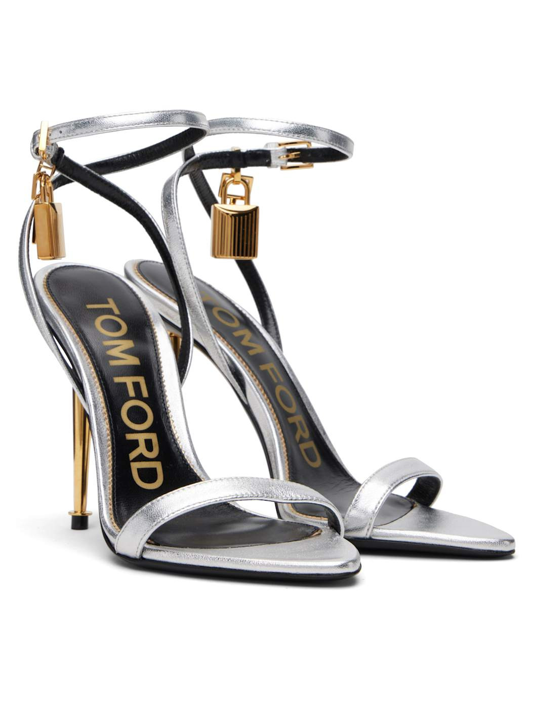Silver Nappa Padlock Pointy Naked Heeled Sandals - 4