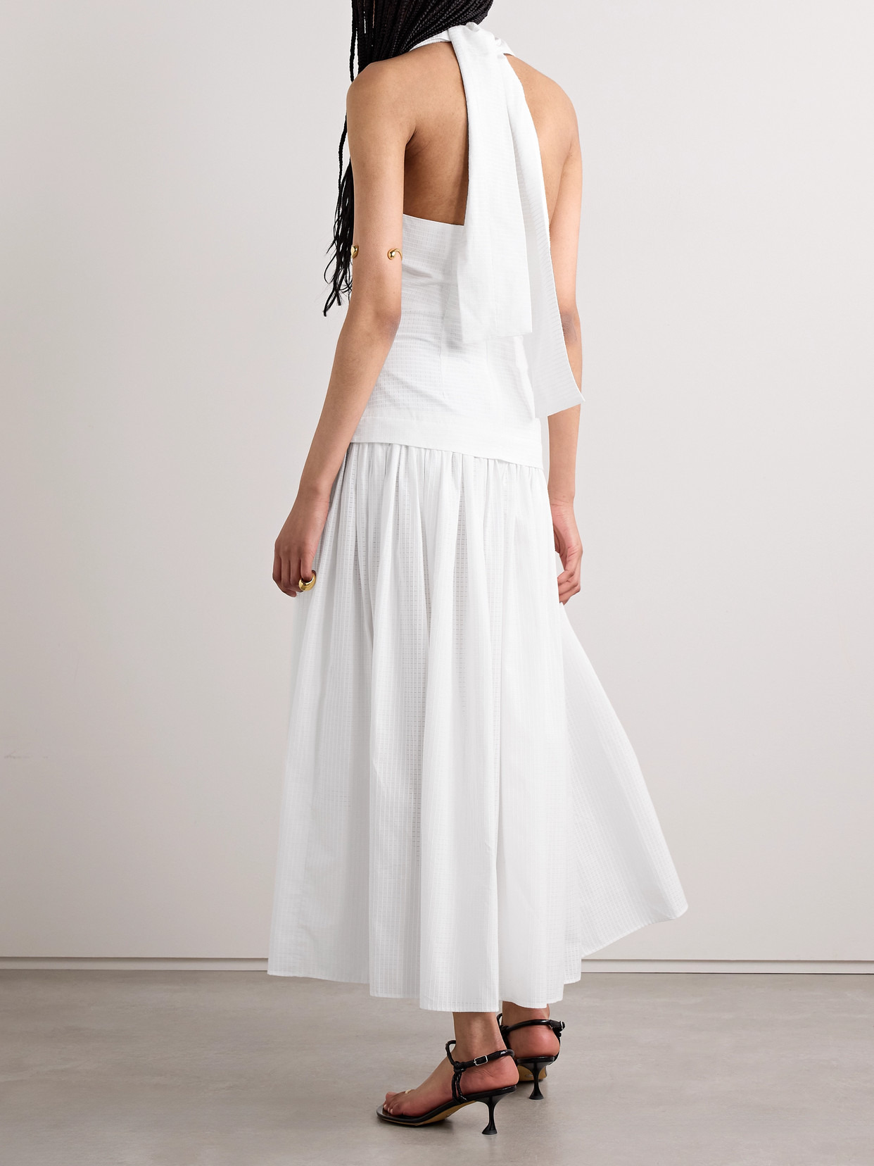 Quinn Tiered Checked Embroidered Cotton Halterneck Maxi Dress - 3