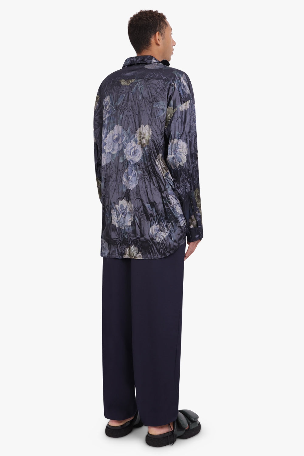 FLORAL PRINT CRINKLE SATIN SHIRT | NAVY - 4